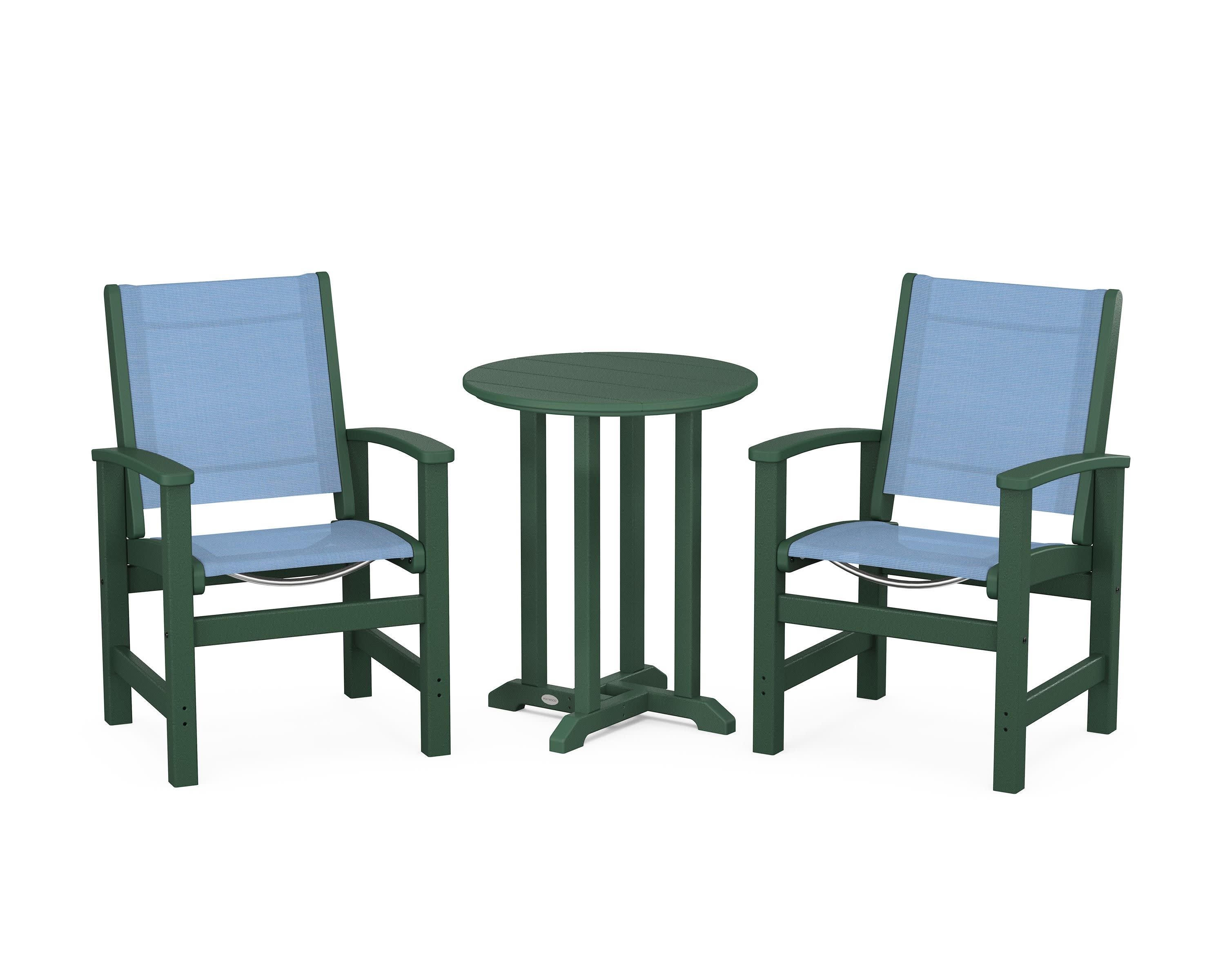 Coastal 3-Piece Round Bistro Dining Set in Green / Poolside Sling