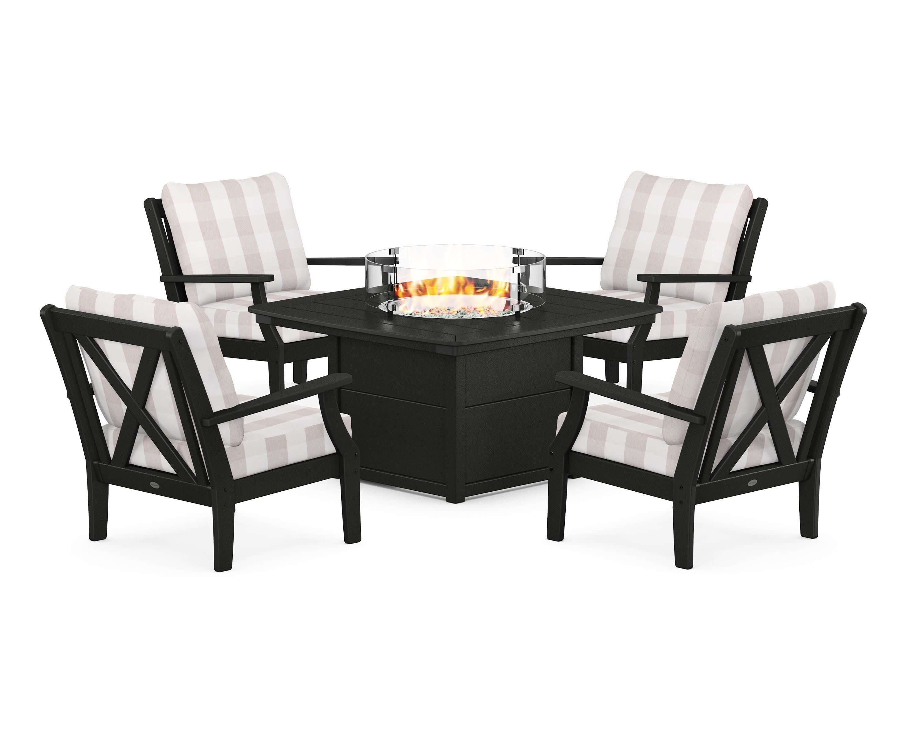 Braxton 5-Piece Deep Seating Conversation Set with Fire Pit Table in Black / Buffalo Plaid Dune Burlap