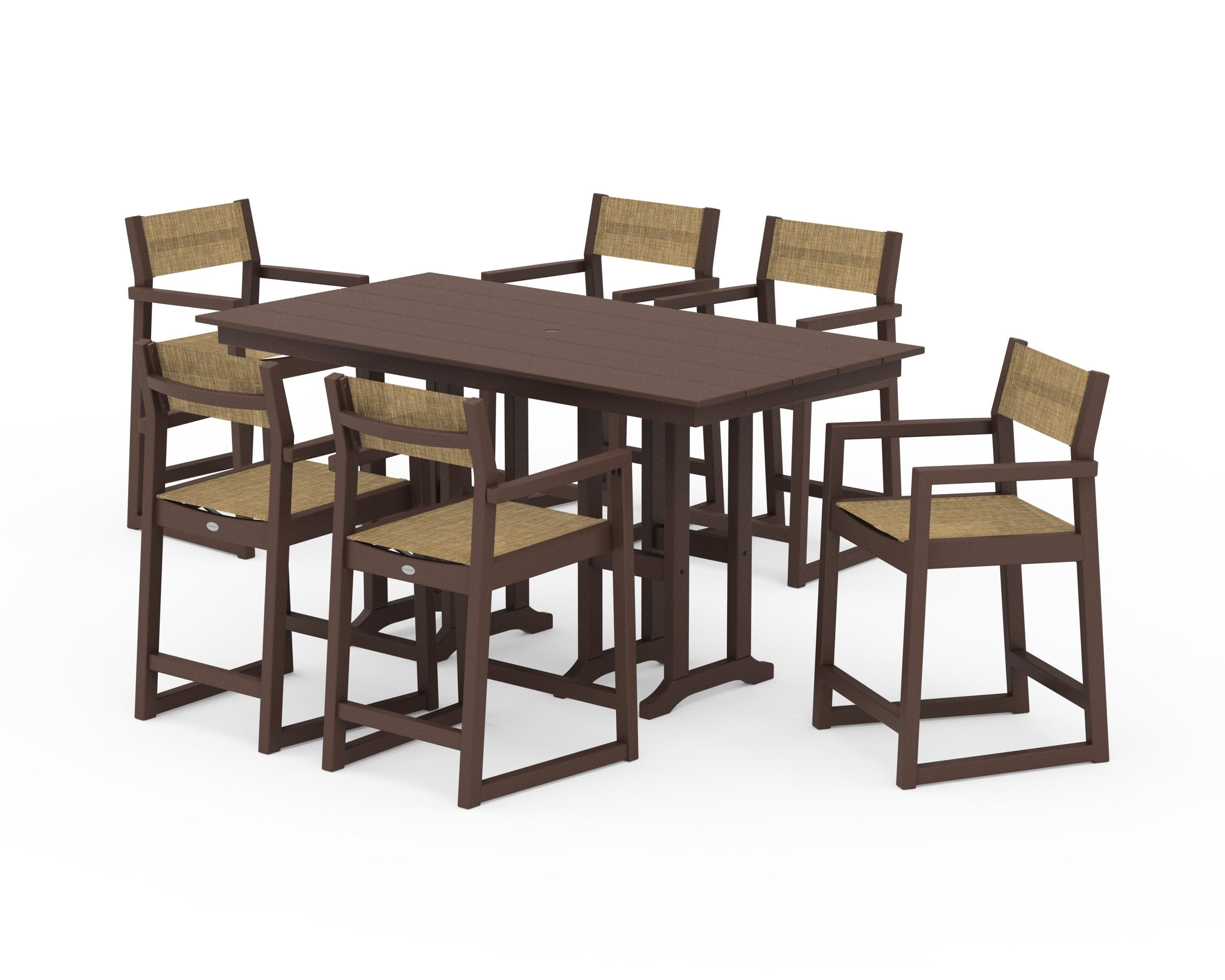 EDGE Sling Arm Chair 7-Piece Farmhouse Counter Set in Mahogany / Burlap Sling