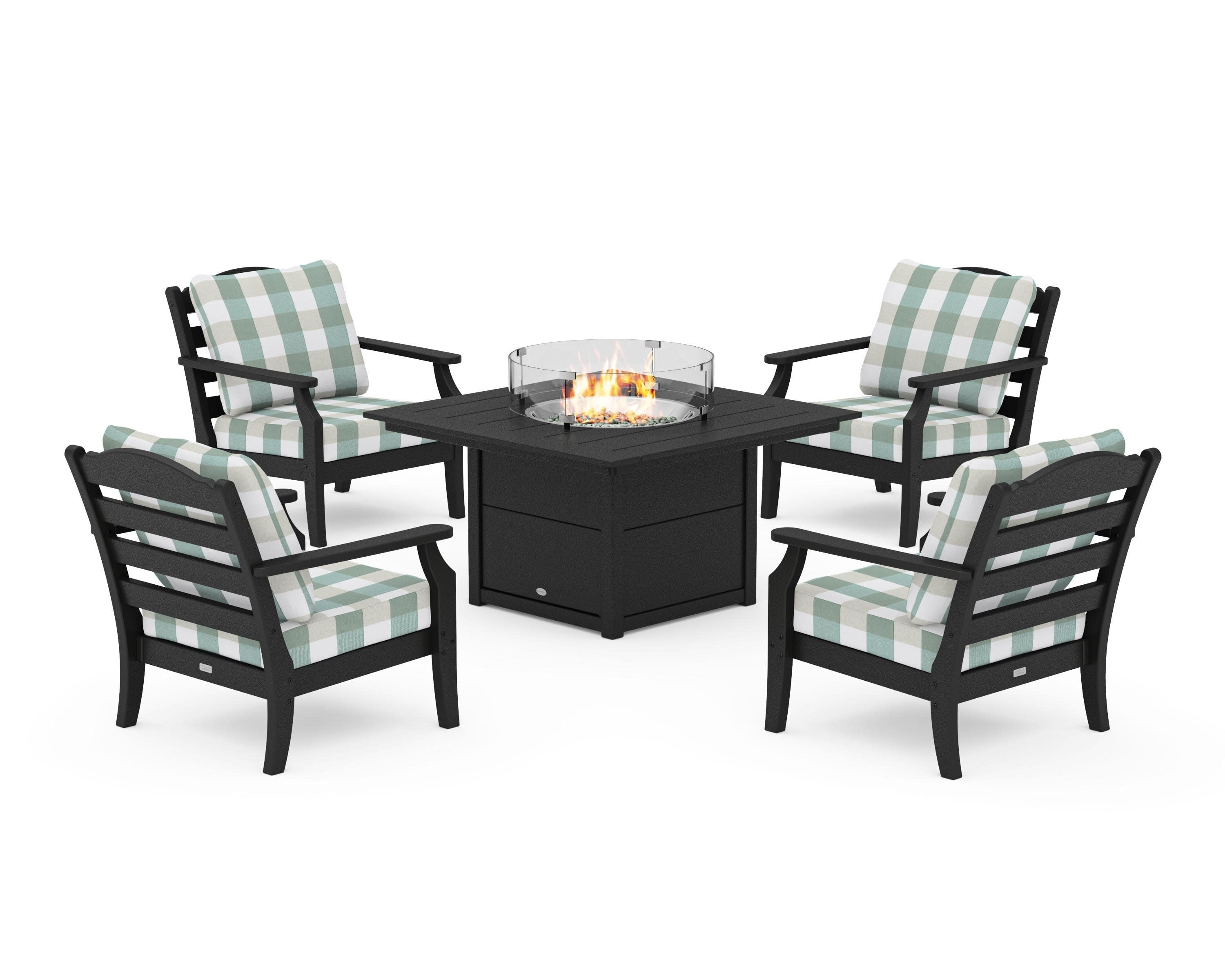 Savannah 5-Piece Deep Seating Set with Fire Pit Table in Black / Buffalo Plaid Glacier Spa