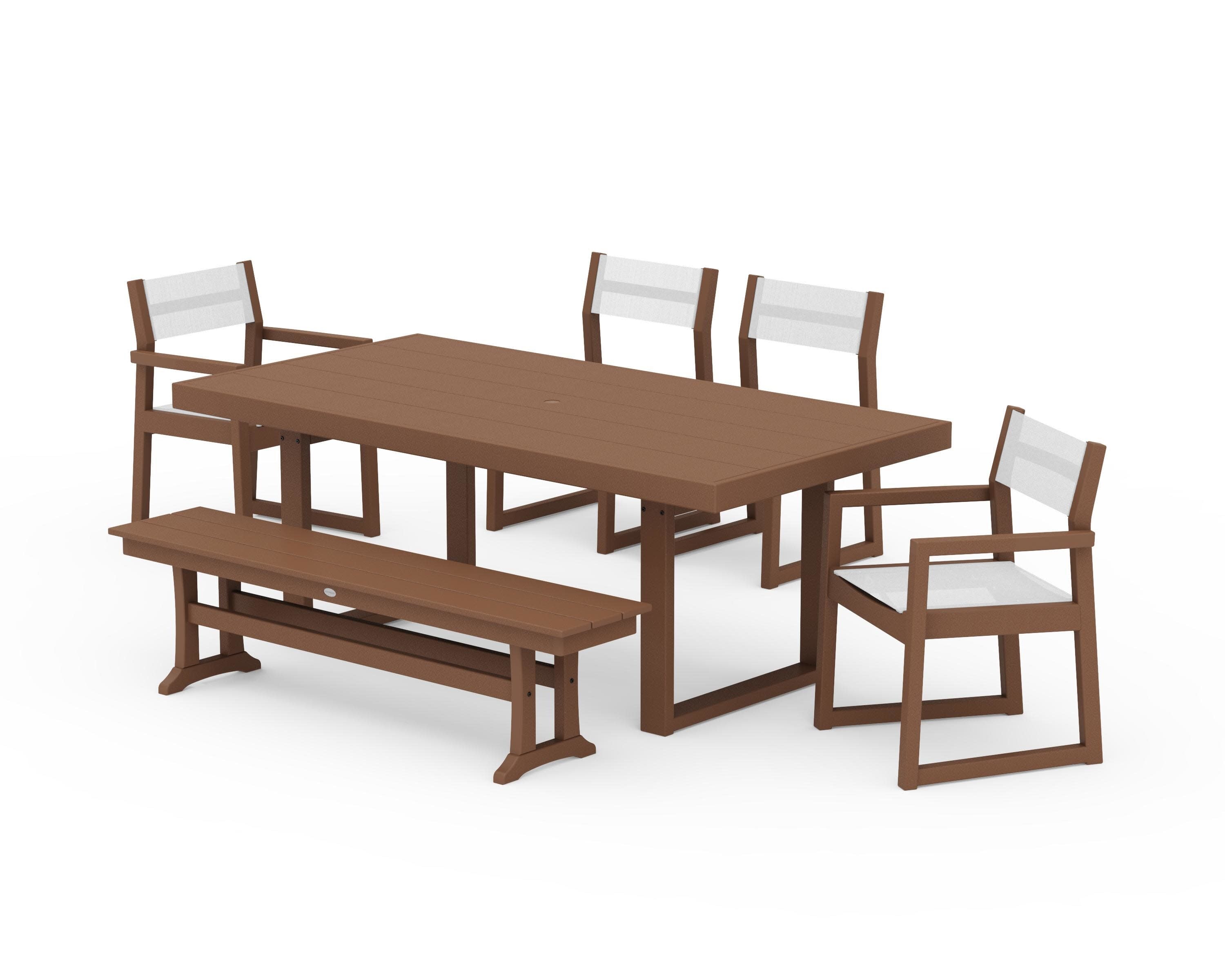 EDGE Sling 6-Piece Dining Set with Bench in Teak / White Sling