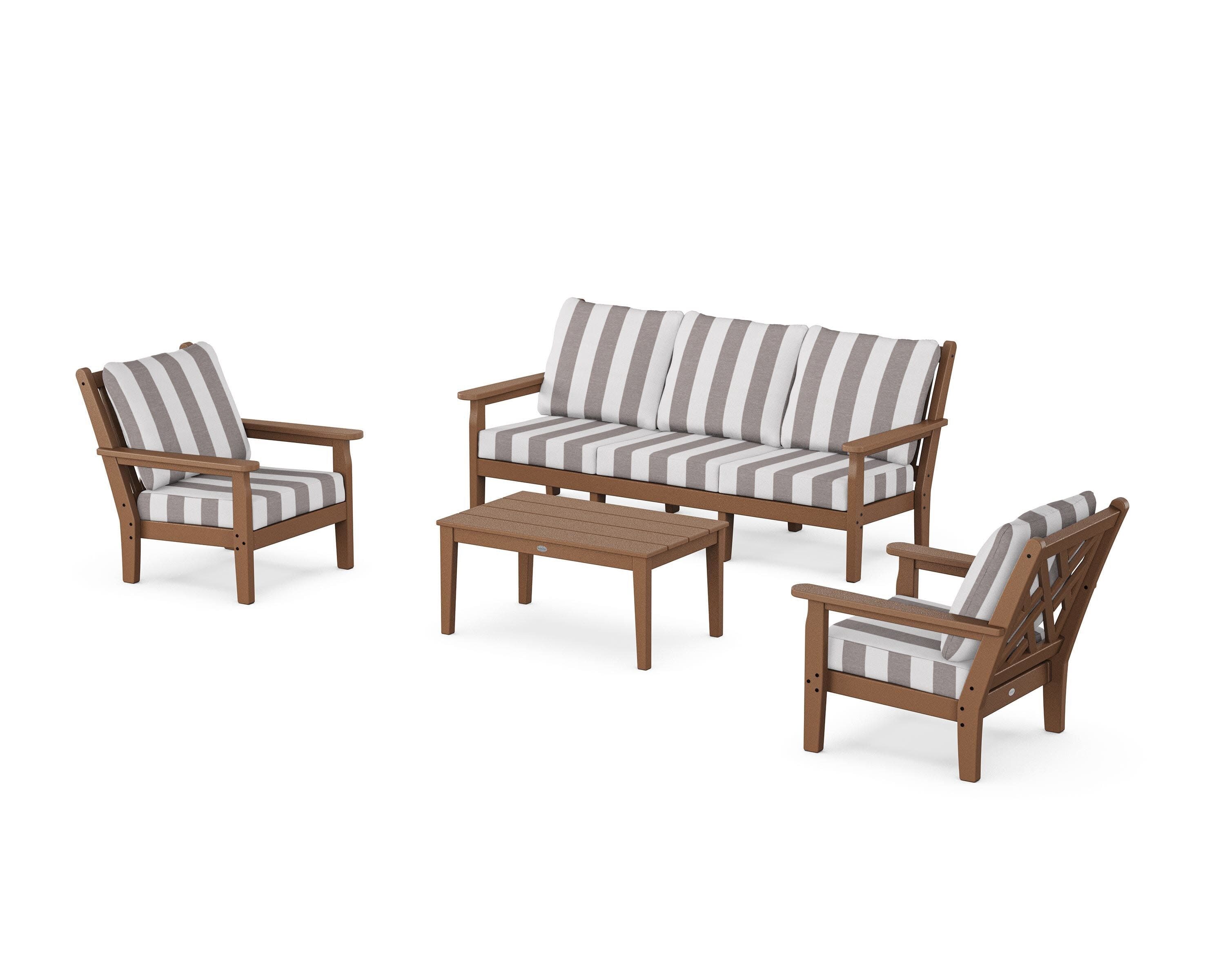 Chippendale 4-Piece Deep Seating Set with Sofa in Teak / Cabana Stripe Grey Mist