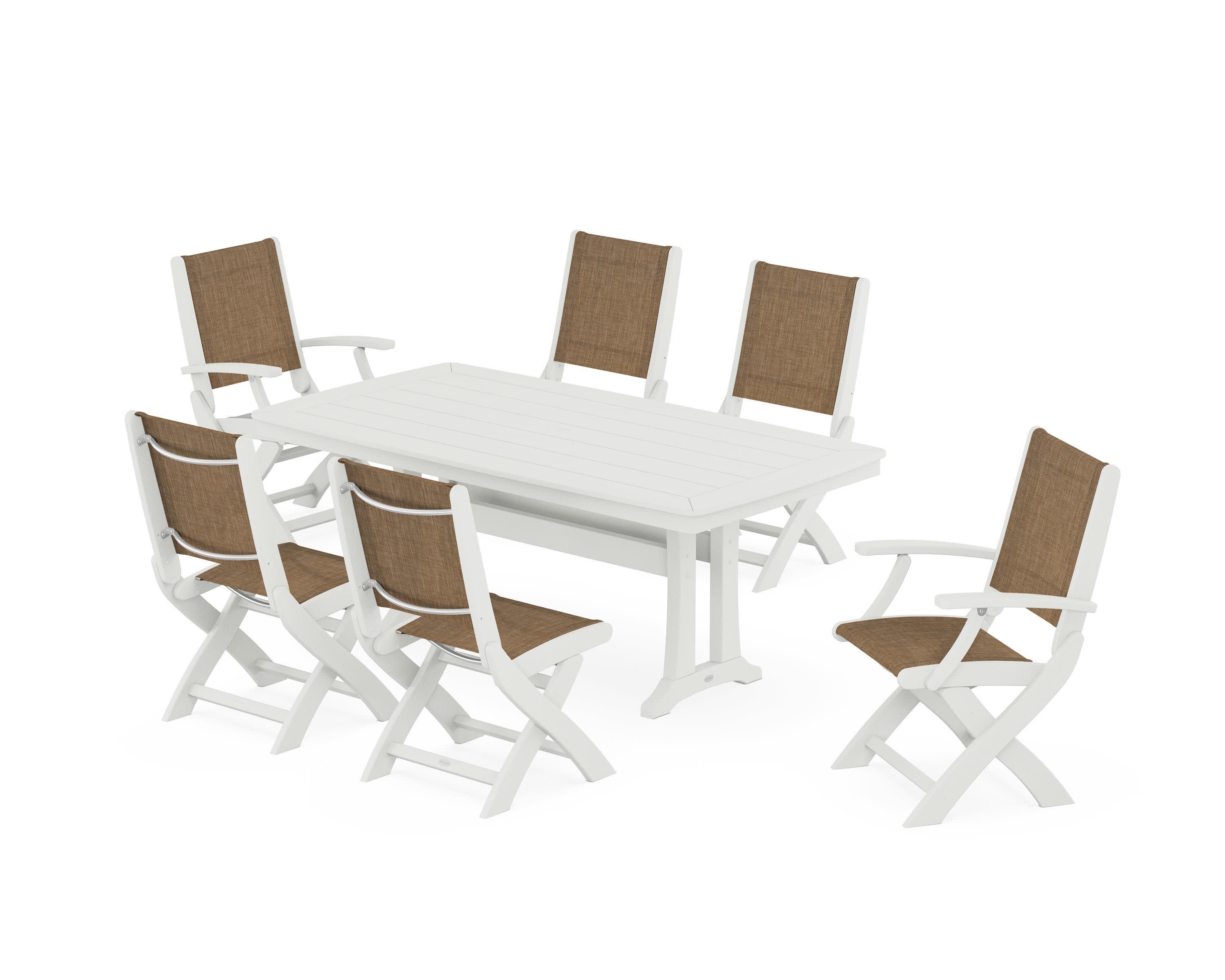 Coastal Folding Chair 7-Piece Dining Set with Trestle Legs in Vintage White / Burlap Sling