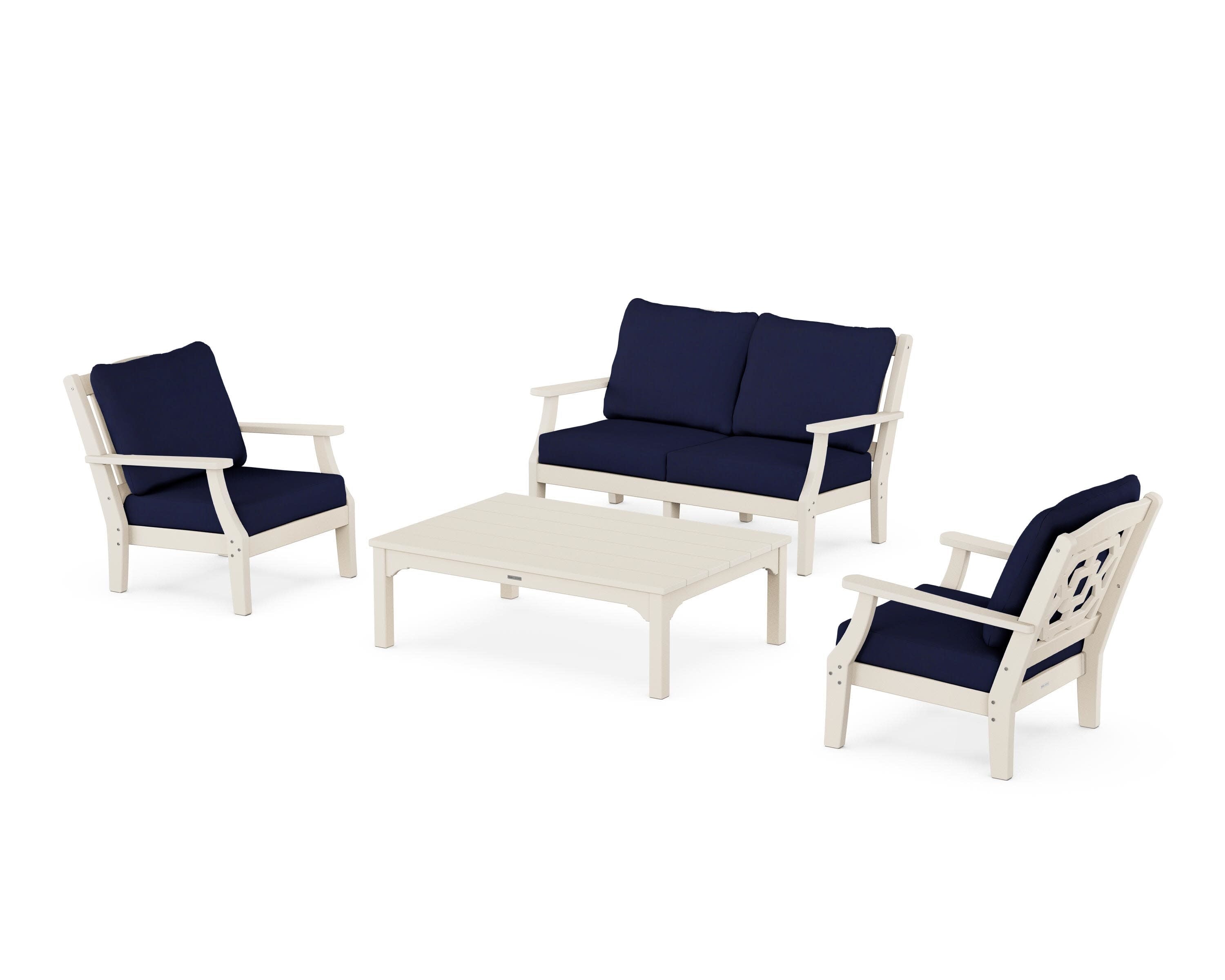Chinoiserie 4-Piece Deep Seating Set with Loveseat in Sand / Navy