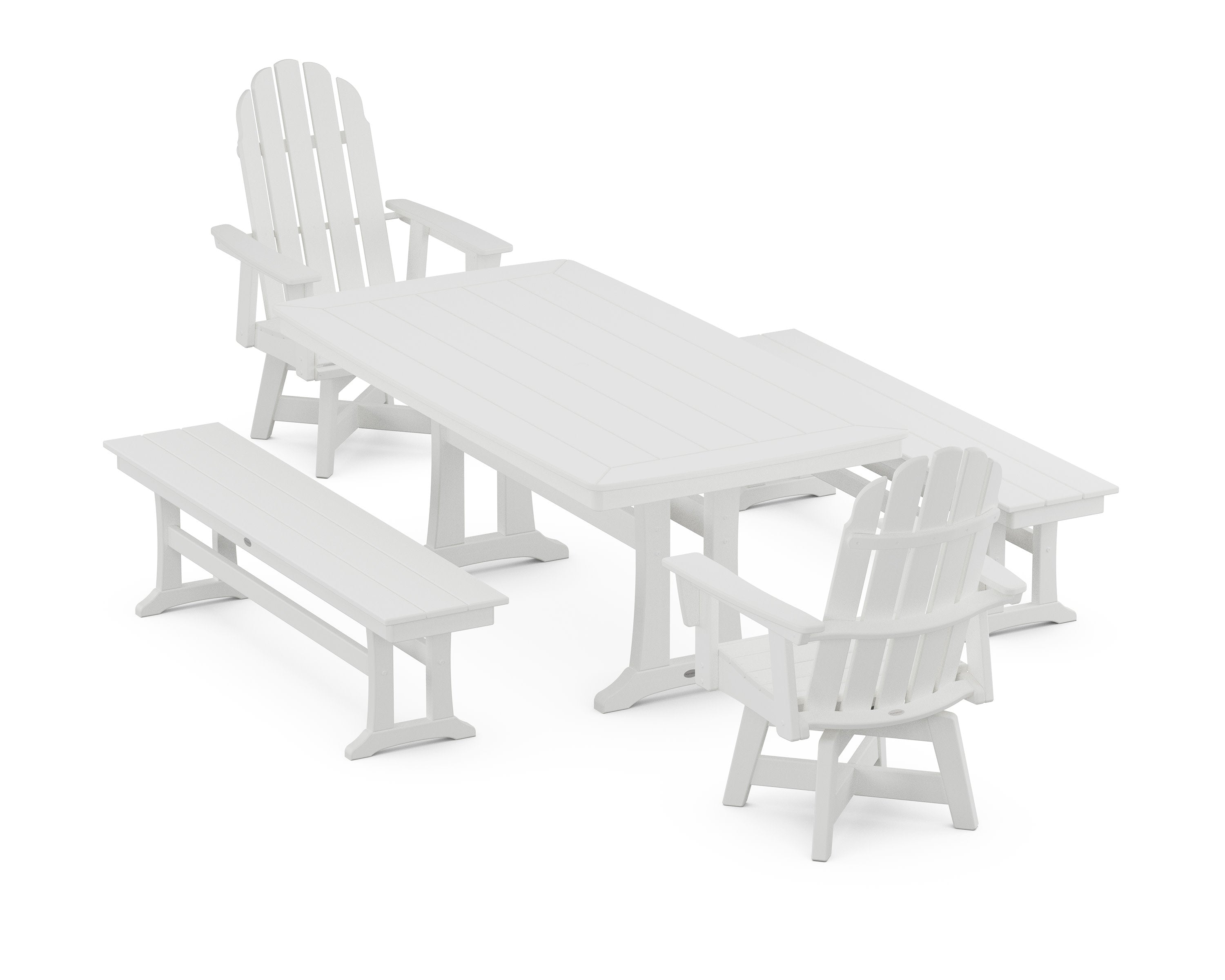 Vineyard Adirondack Swivel Chair 5-Piece Dining Set with Trestle Legs and Benches in White