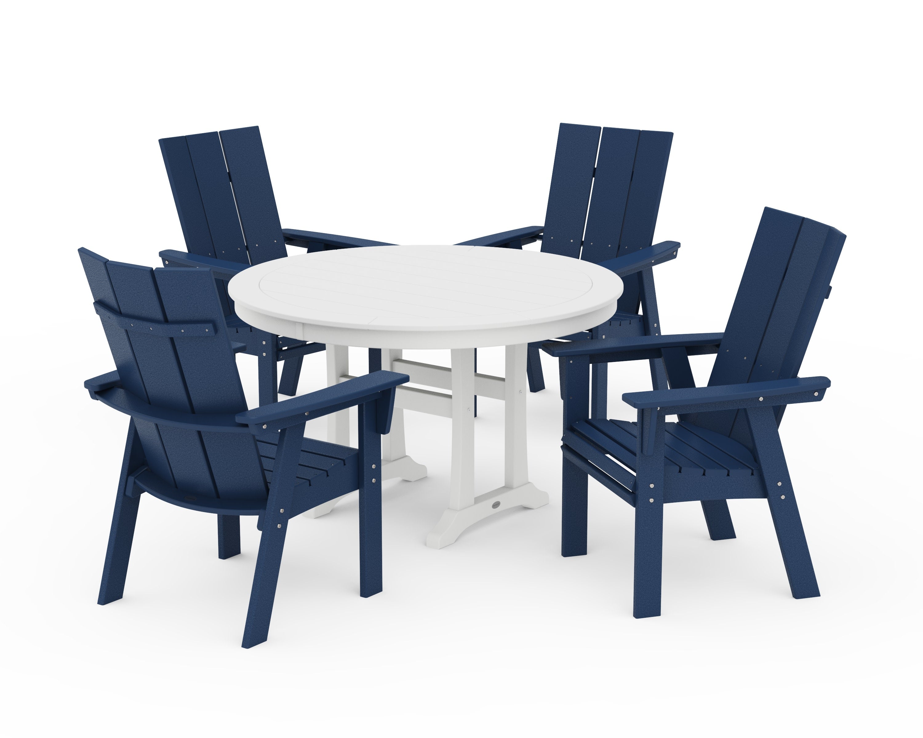 Modern Curveback Adirondack 5-Piece Nautical Trestle Dining Set in Navy / White