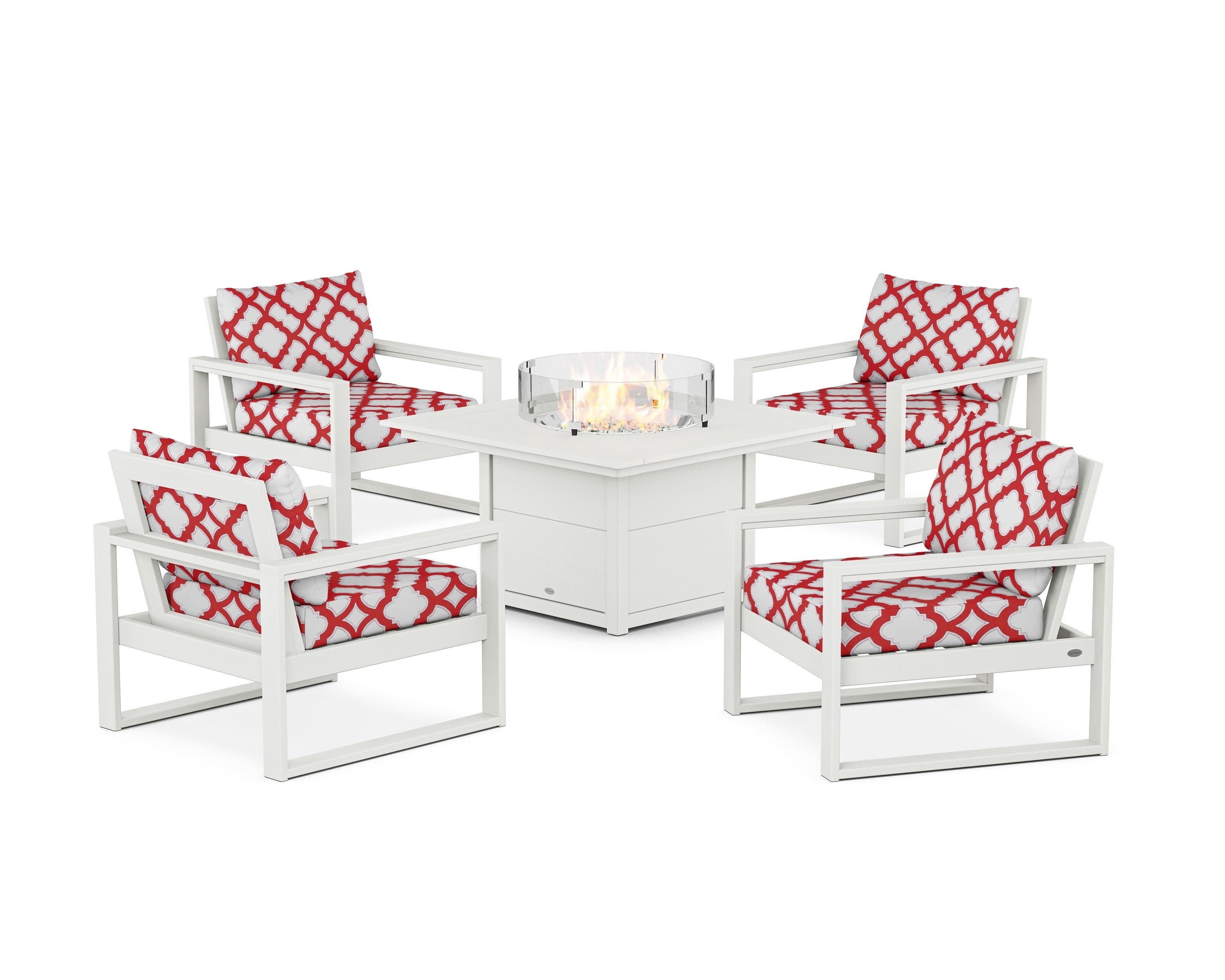 EDGE Sectional 5-Piece Deep Seating Set with Fire Pit Table in Vintage White / Trellis Crimson