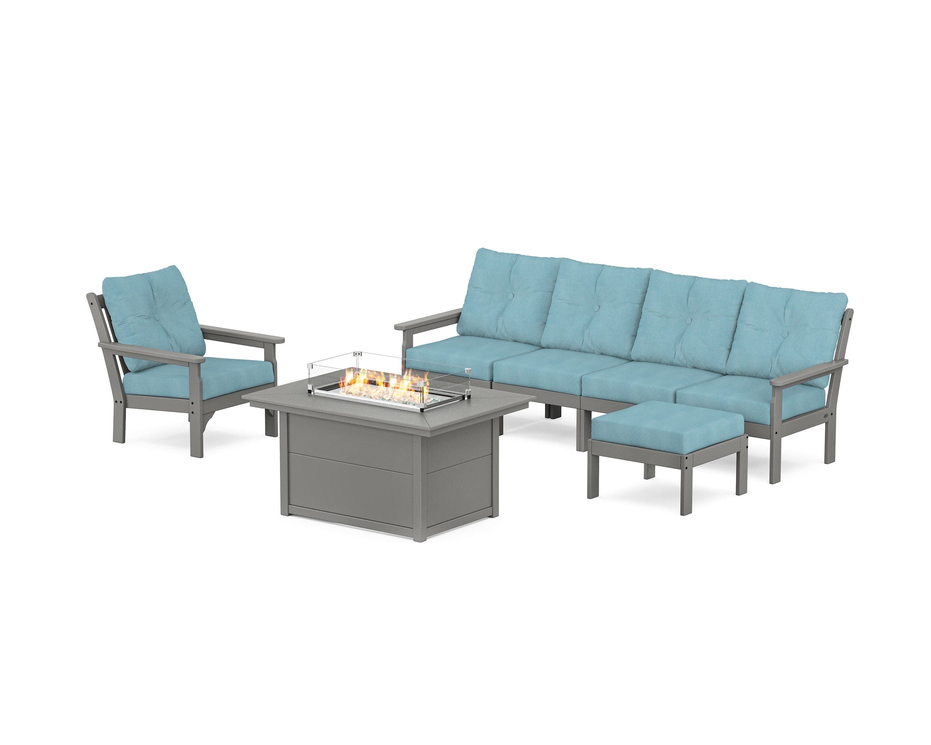 Vineyard Sectional Lounge and Fire Pit Set in Slate Grey / Lattice Sky Blue
