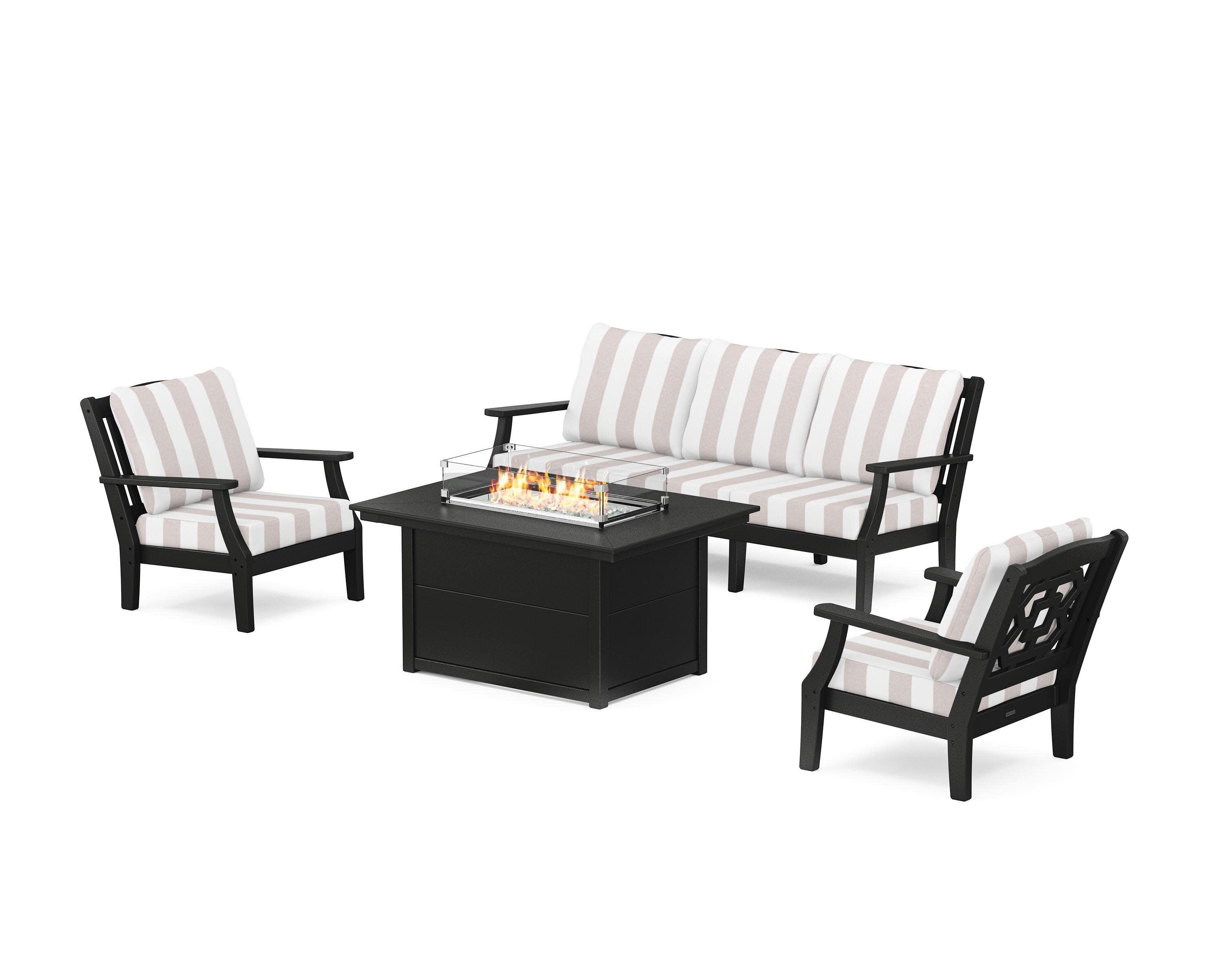 Chinoiserie Deep Seating Fire Pit Table Set in Black / Cabana Stripe Dune Burlap