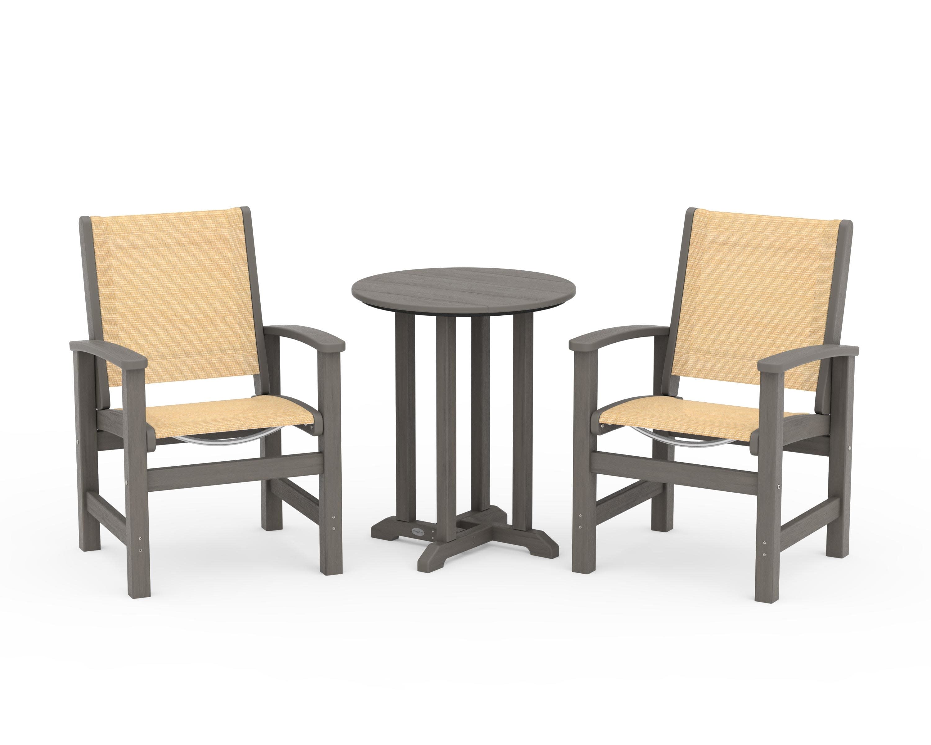 Coastal 3-Piece Round Bistro Dining Set in Driftwood / Dupioni Apricot Sling