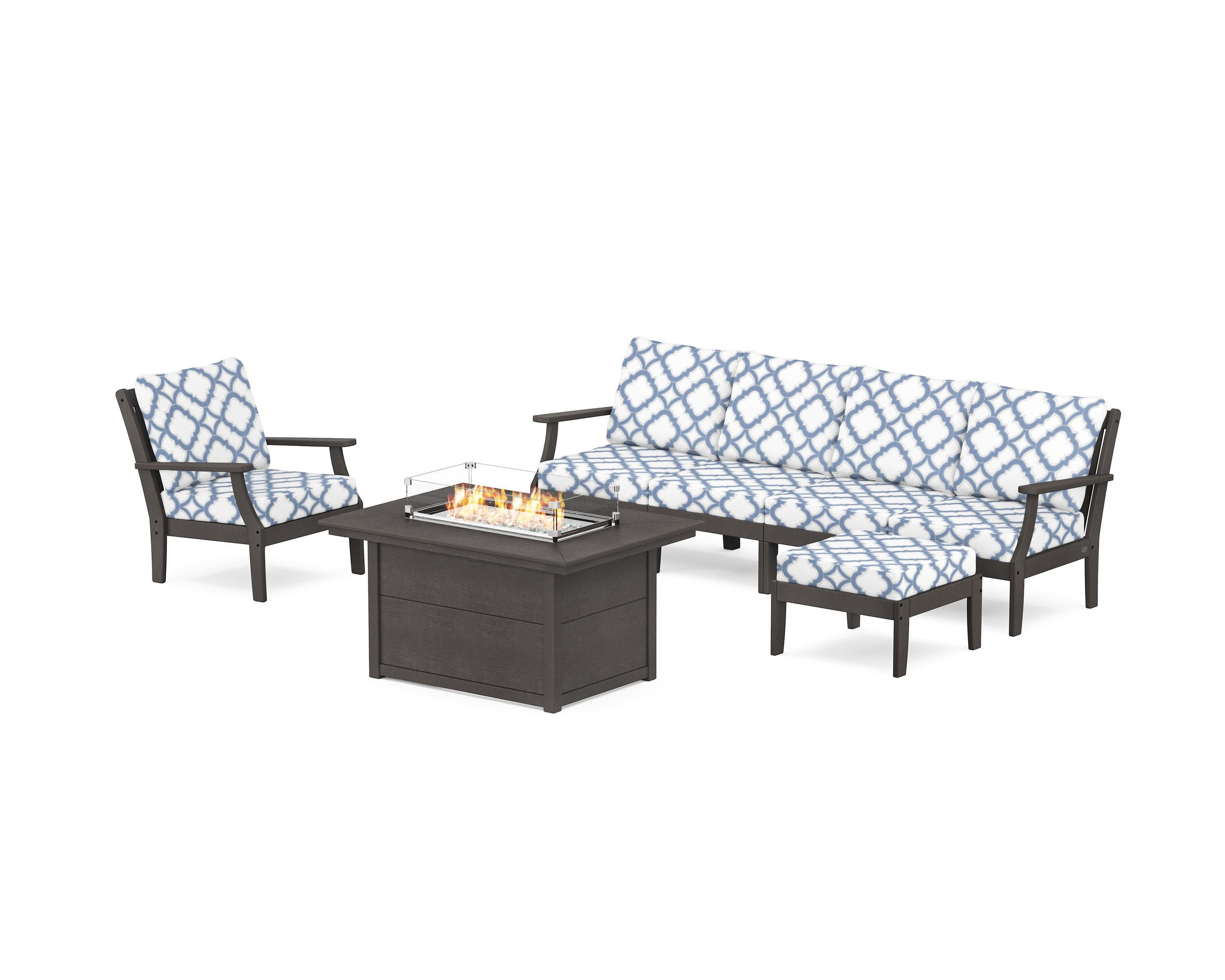 Braxton Sectional Lounge and Fire Pit Set in Vintage Coffee / Trellis Sky Blue