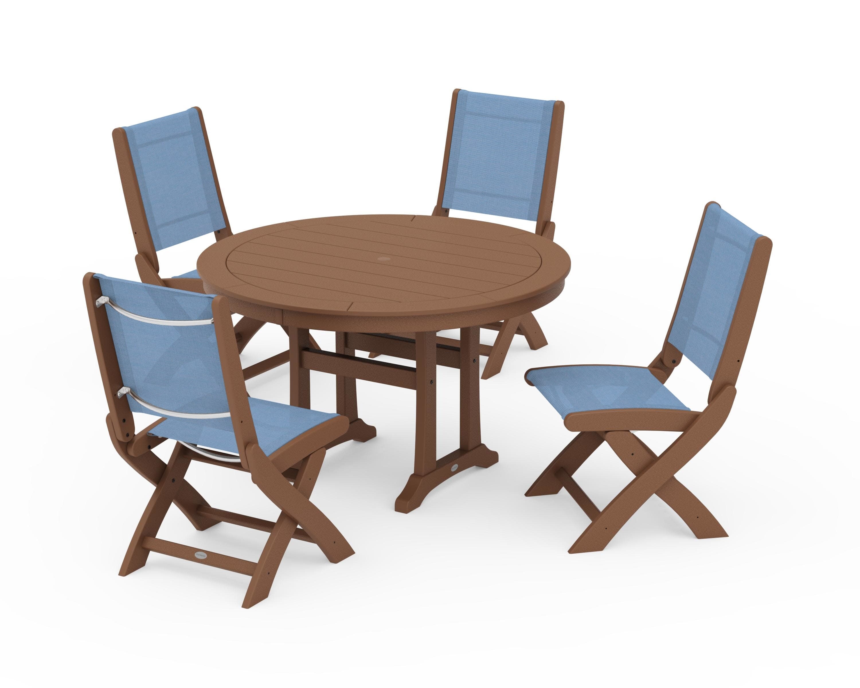 Coastal Folding Side Chair 5-Piece Round Dining Set With Trestle Legs in Teak / Poolside Sling