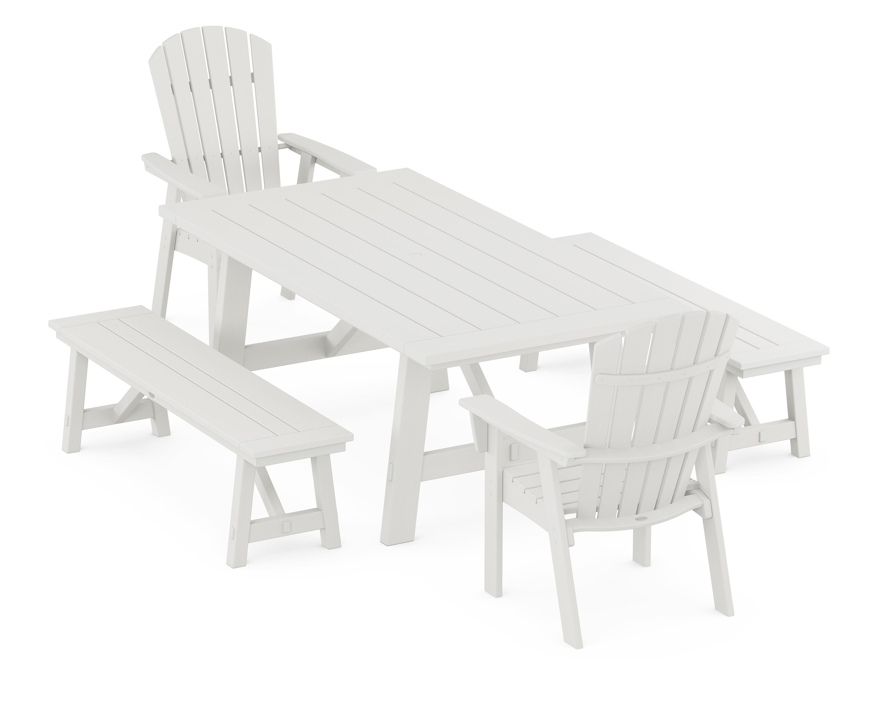 Nautical Curveback Adirondack 5-Piece Rustic Farmhouse Dining Set With Benches in Vintage White