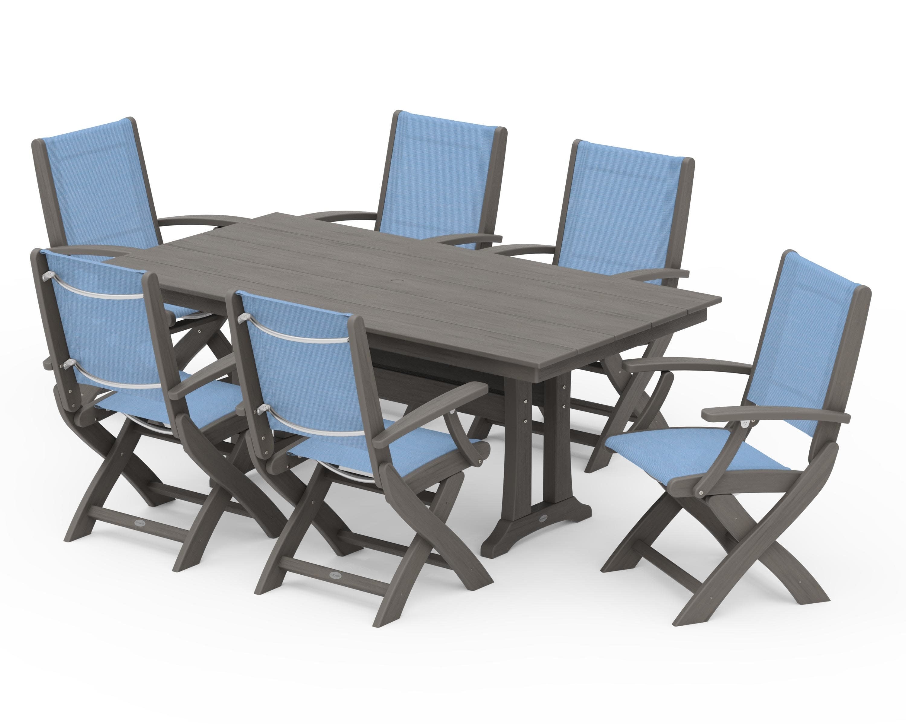 Coastal Folding Arm Chair 7-Piece Farmhouse Dining Set with Trestle Legs in Driftwood / Poolside Sling