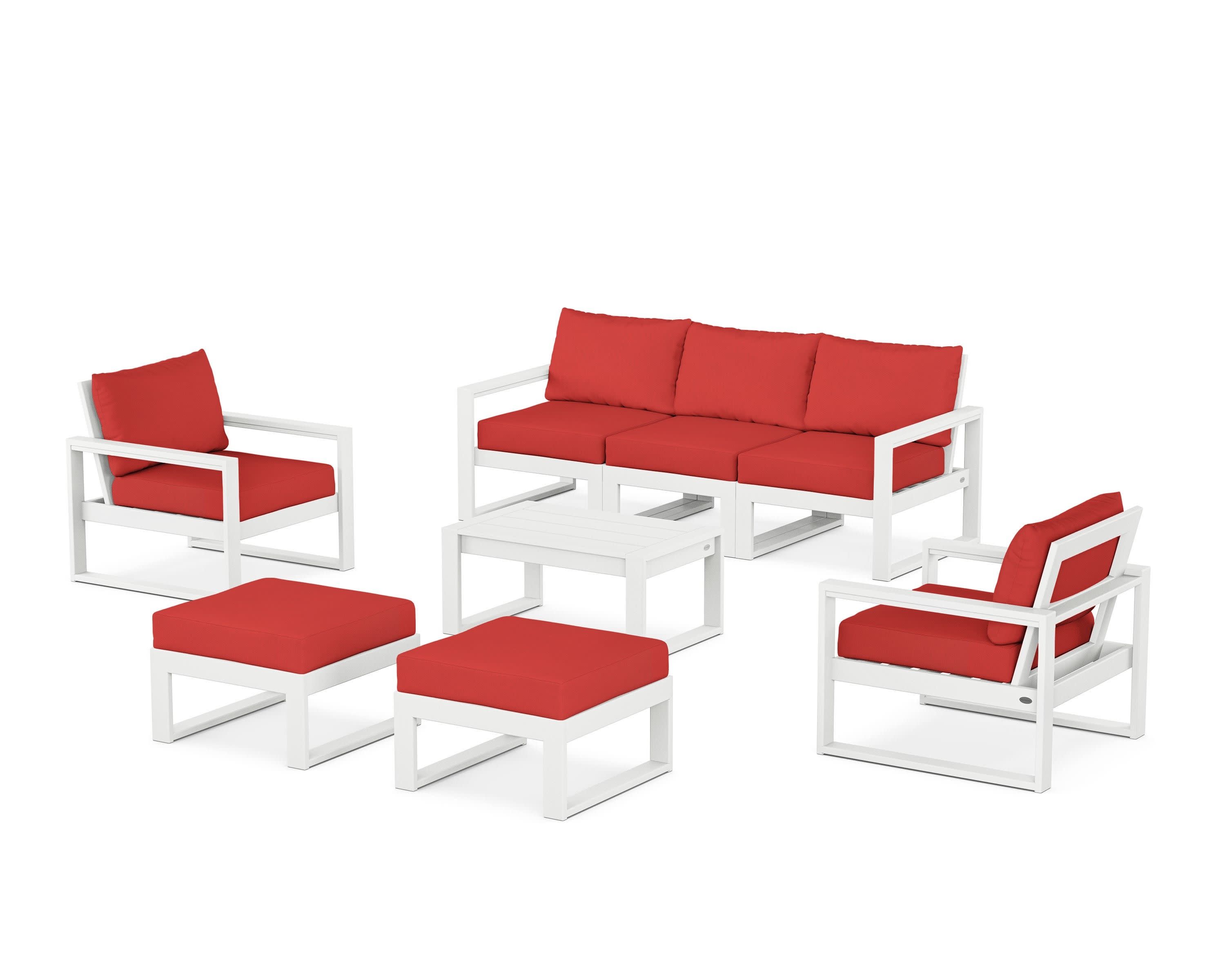 EDGE Sectional 8-Piece Lounge Sofa Set in White / Crimson Linen