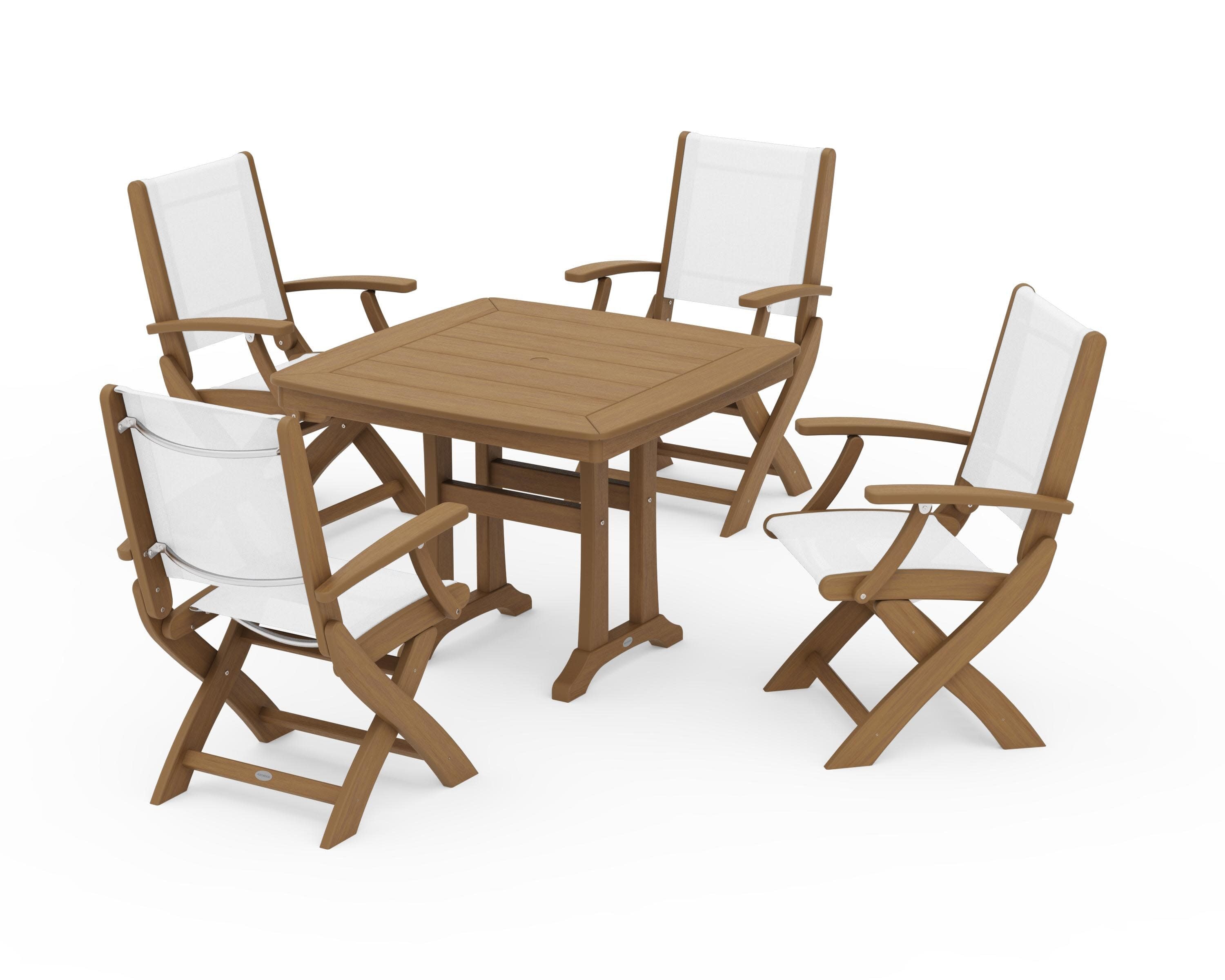 Coastal Folding Chair 5-Piece Dining Set with Trestle Legs in Natural / White Sling