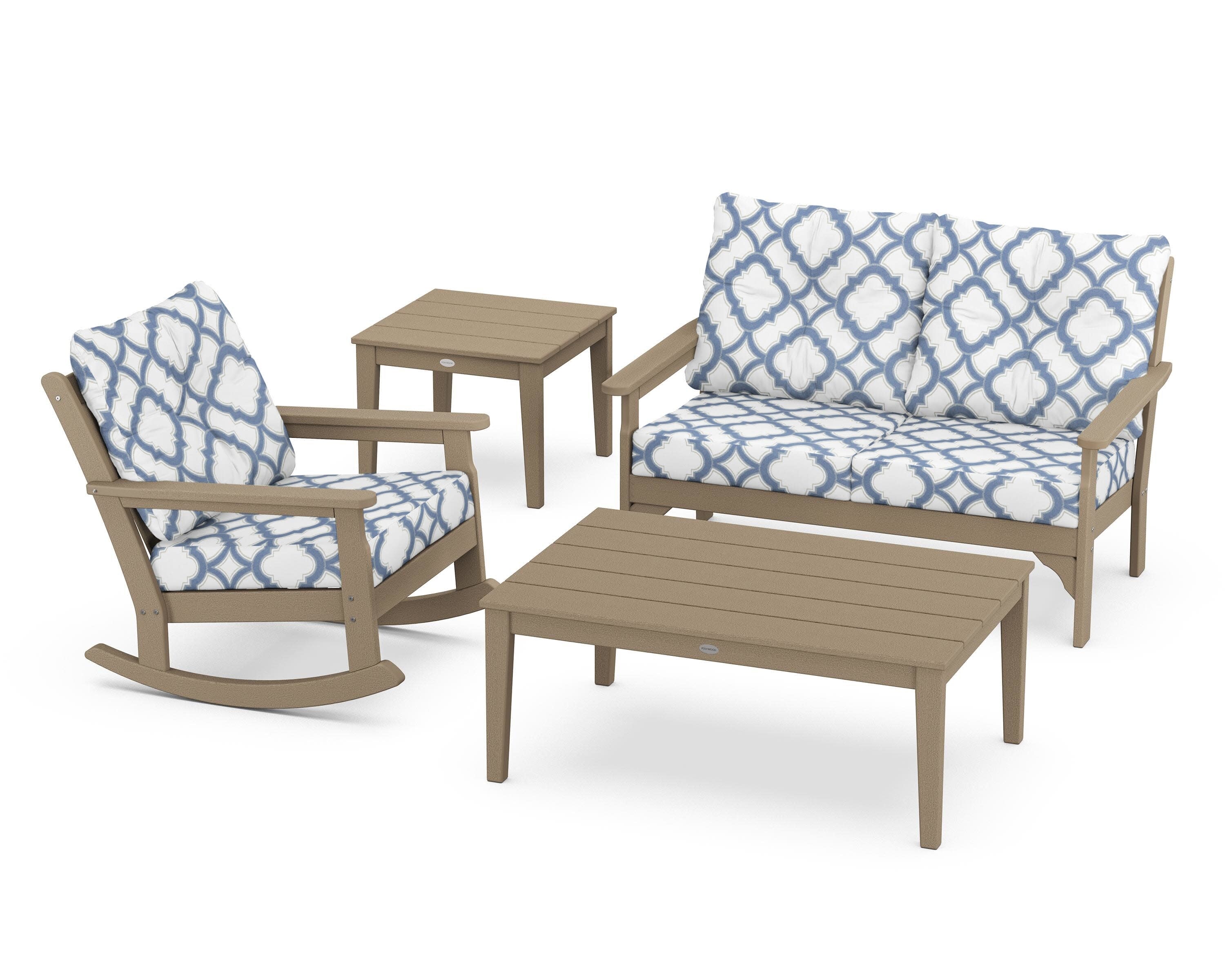 Vineyard 4-Piece Deep Seating Rocker Set in Vintage Sahara / Trellis Sky Blue