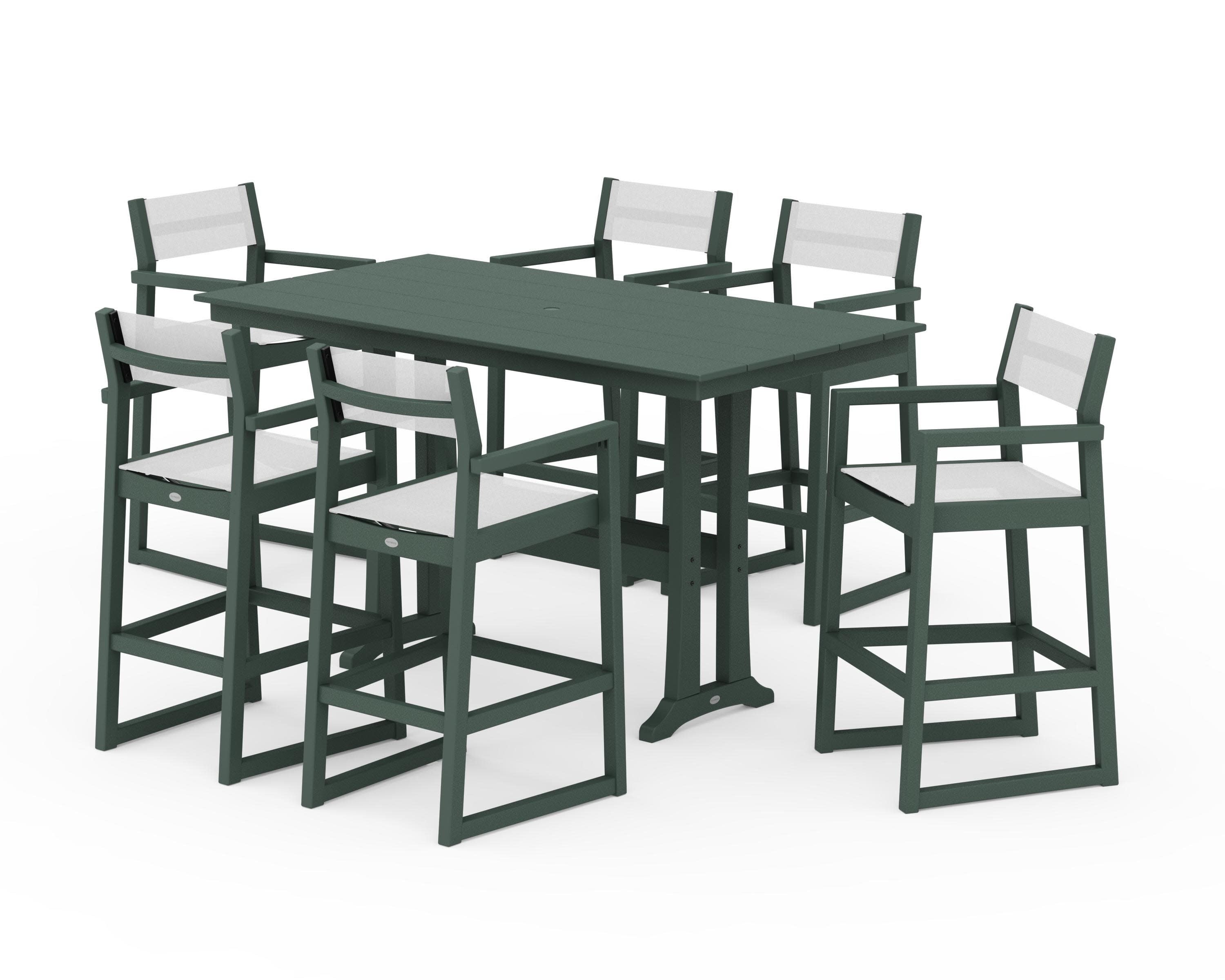 EDGE Sling Arm Chair 7-Piece Farmhouse Bar Set with Trestle Legs in Green / White Sling