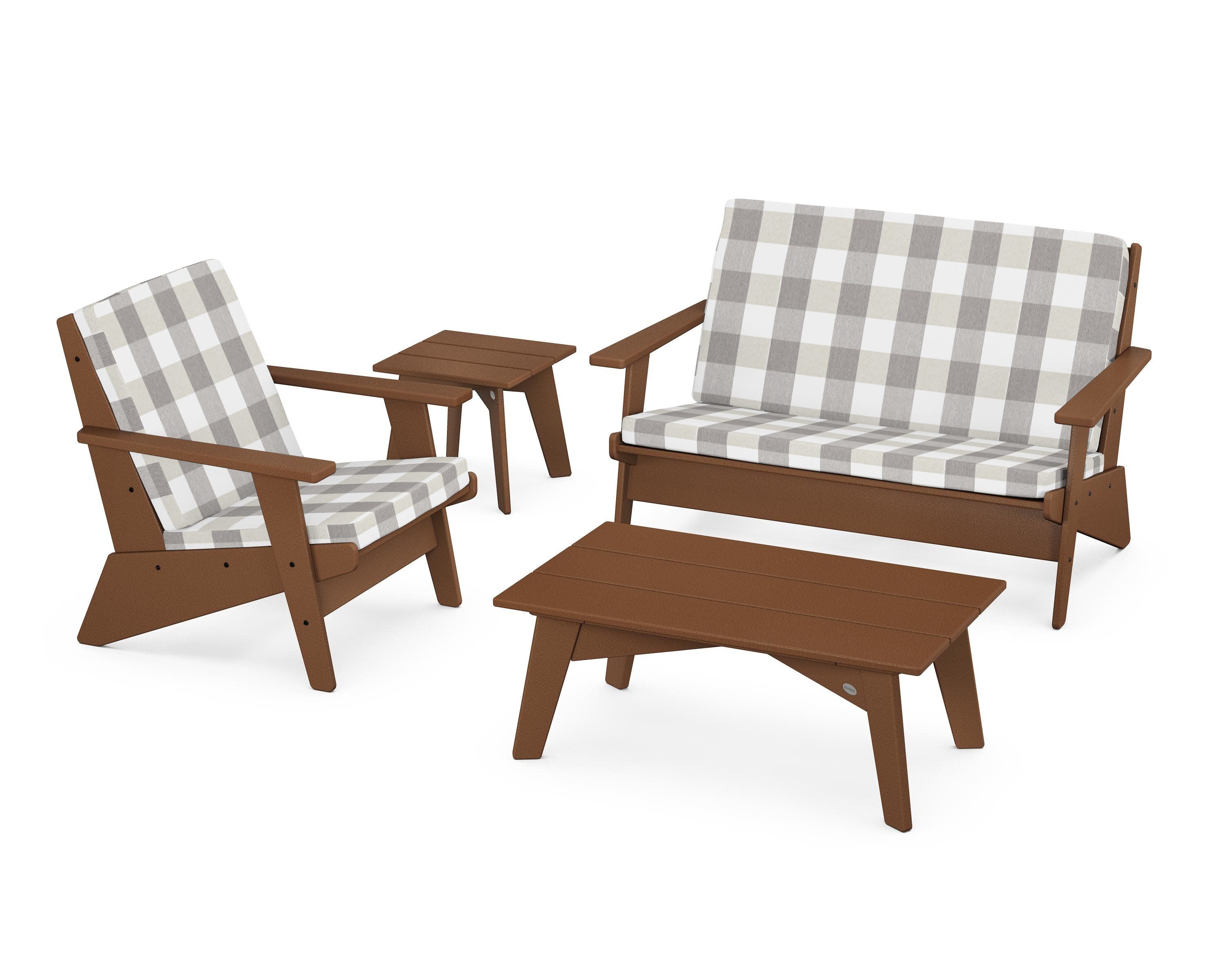 Riviera Modern Lounge 4-Piece Set in Teak / Buffalo Plaid Grey Mist