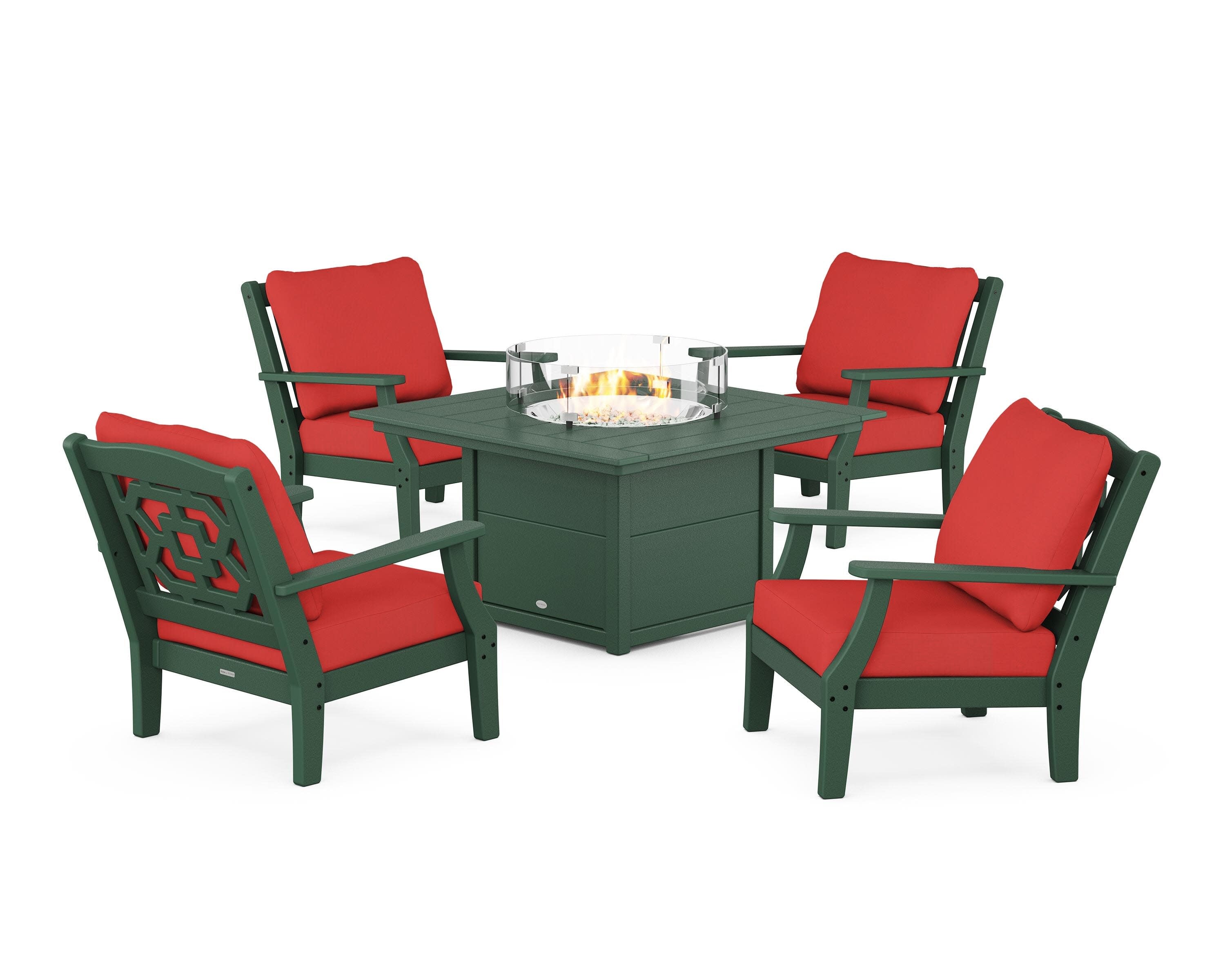 Chinoiserie 5-Piece Deep Seating Set with Fire Pit Table in Green / Crimson Linen