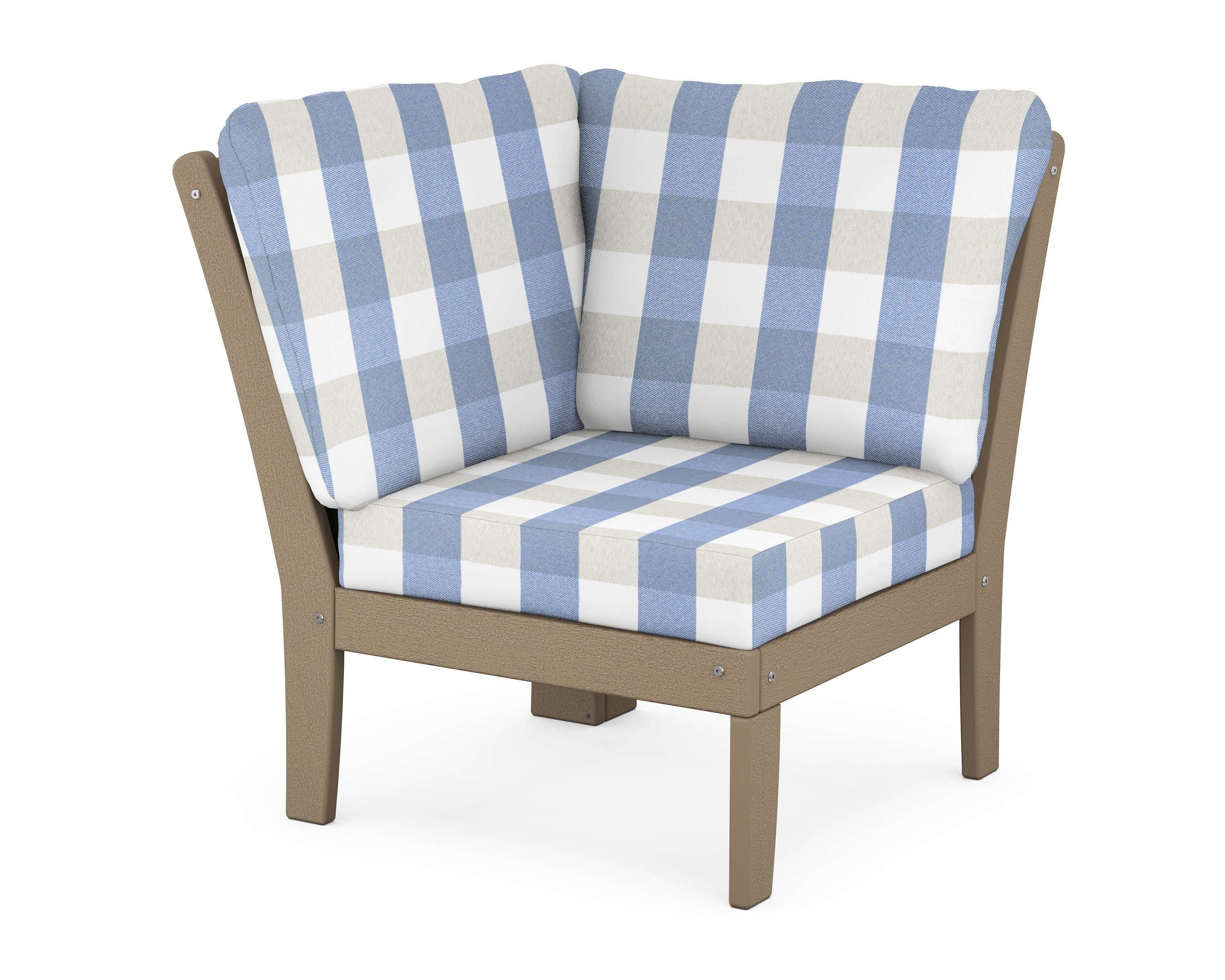 Braxton Modular Corner Chair in Vintage Sahara / Buffalo Plaid Sky Blue