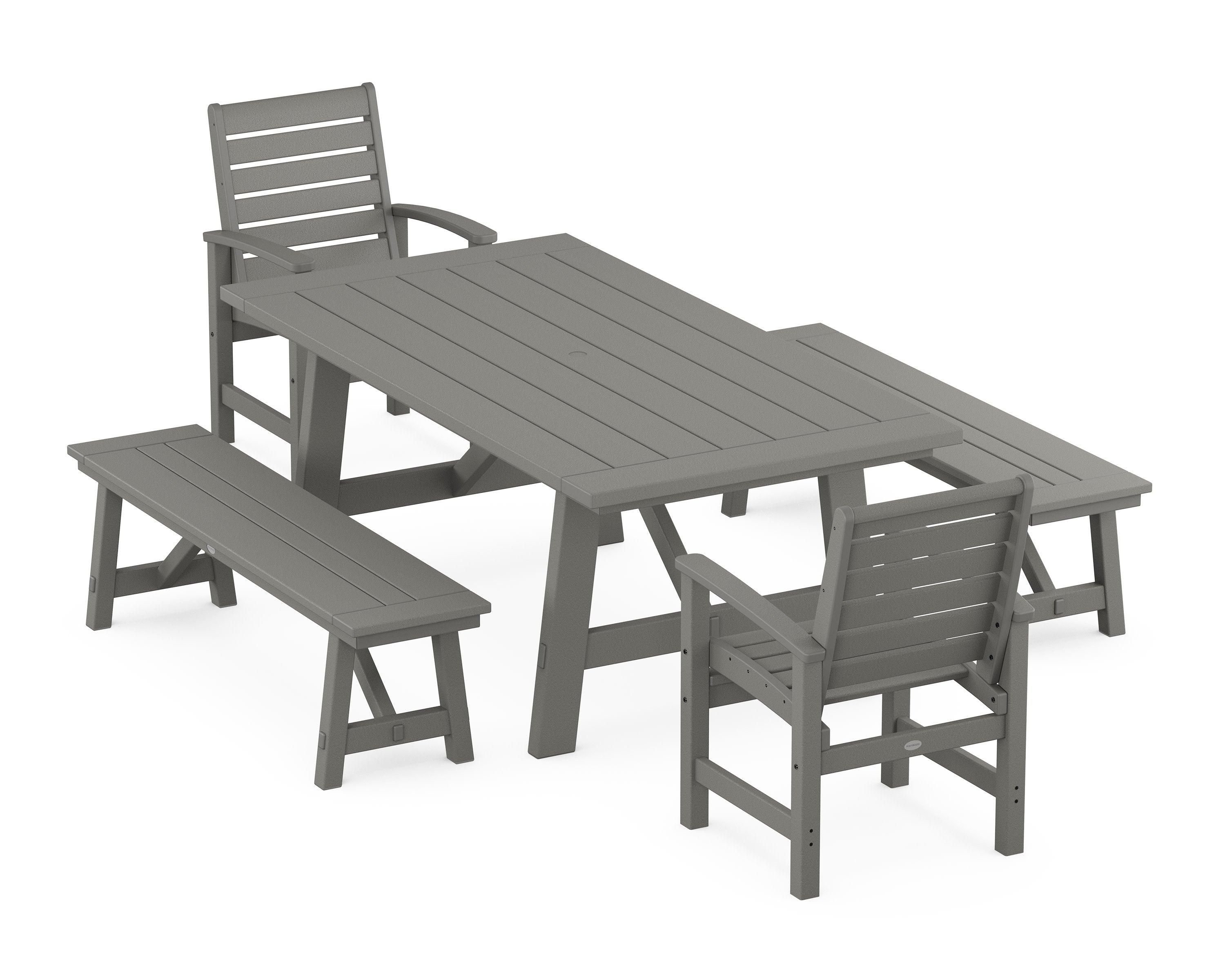 Signature 5-Piece Rustic Farmhouse Dining Set With Benches in Slate Grey
