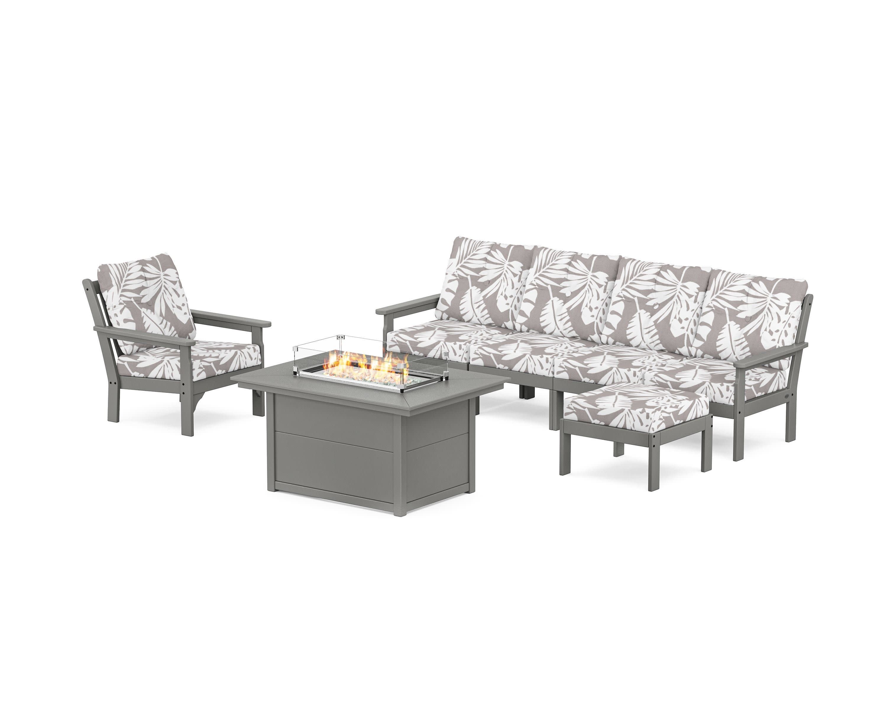 Vineyard Sectional Lounge and Fire Pit Set in Slate Grey / Leaf Grey Mist
