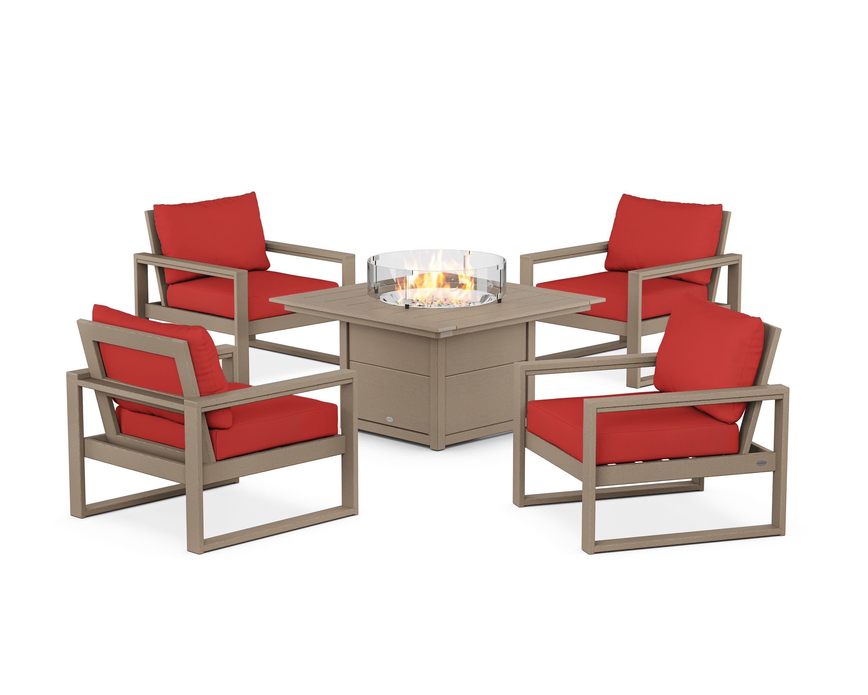EDGE Sectional 5-Piece Deep Seating Set with Fire Pit Table in Vintage Sahara / Crimson Linen
