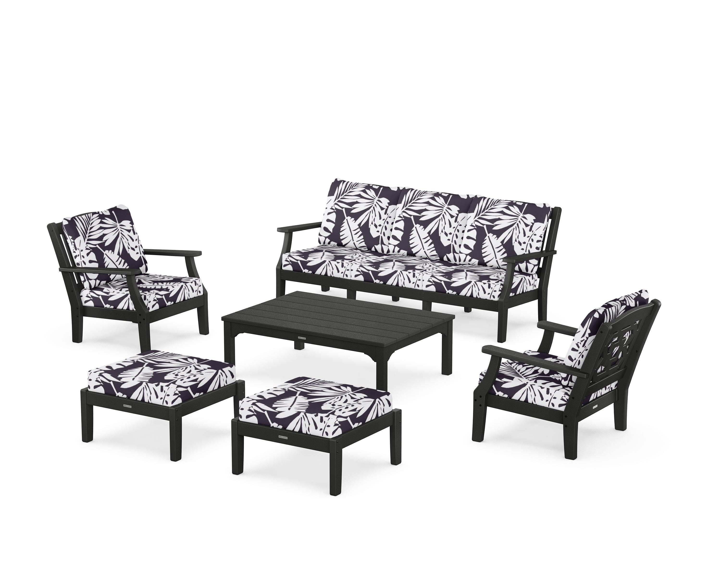 Chinoiserie 6-Piece Lounge Sofa Set in Black / Leaf Navy