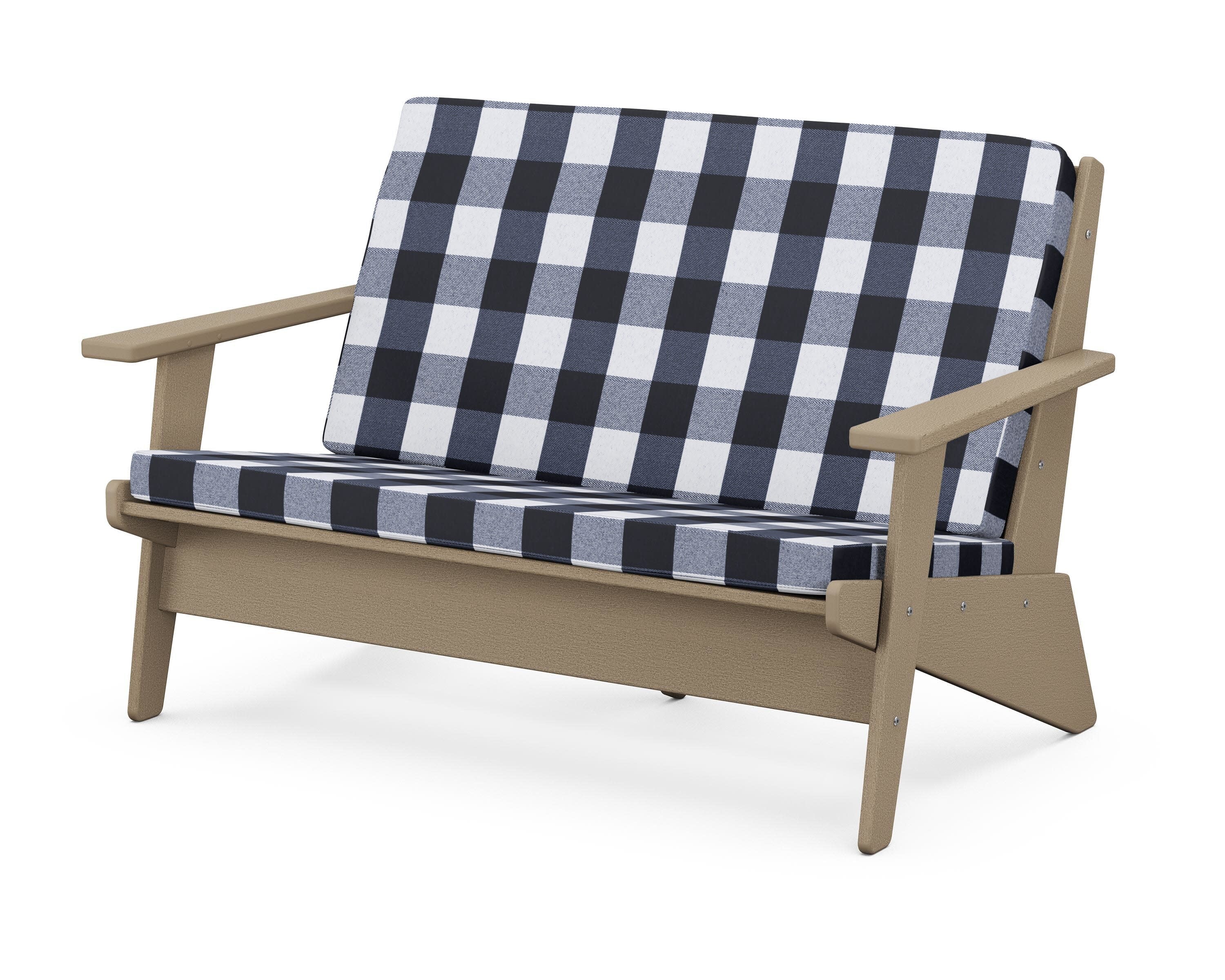 Riviera Modern Lounge Loveseat in Vintage Sahara / Buffalo Plaid Marine Indigo