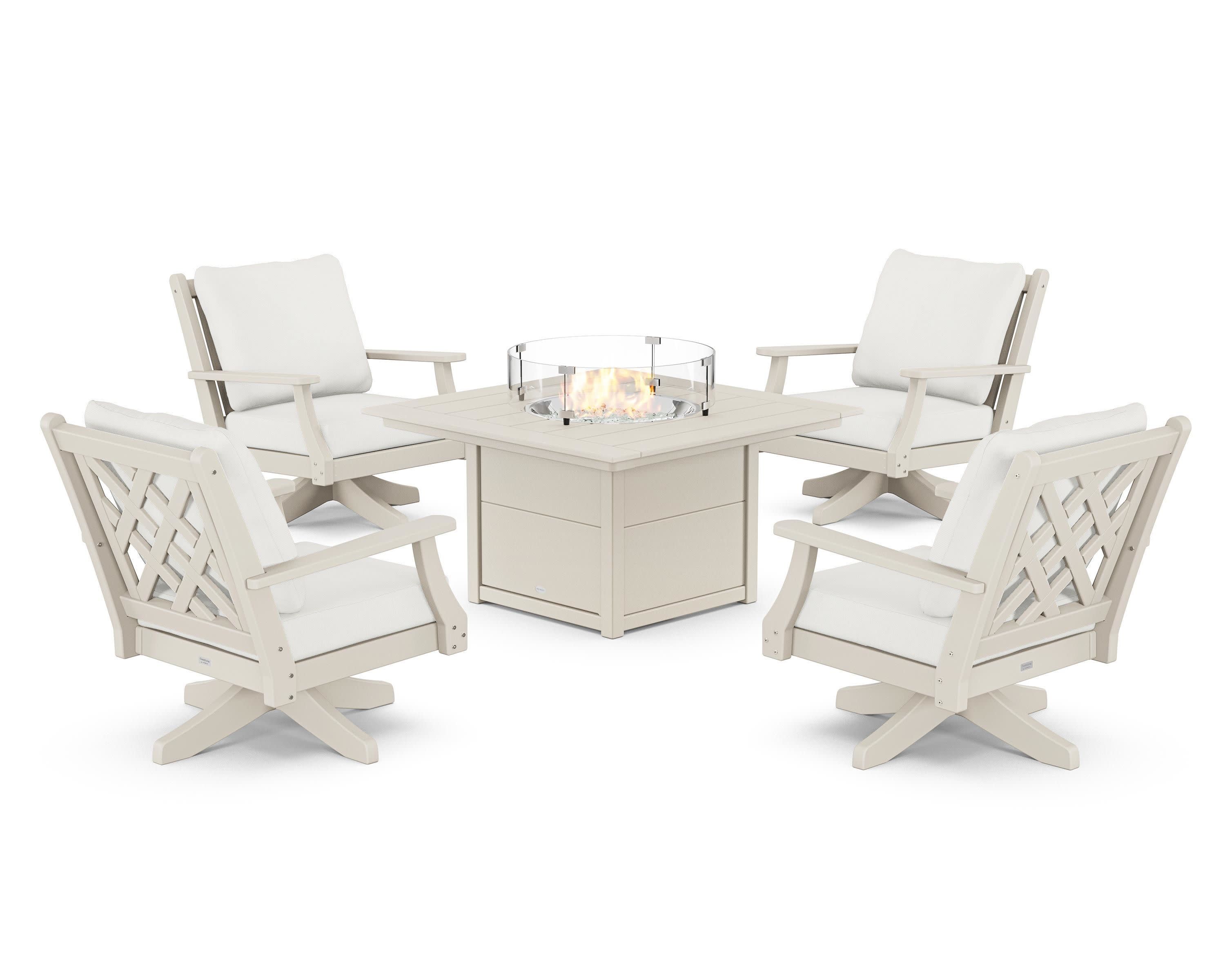 Wovendale 5-Piece Deep Seating Swivel Conversation Set with Fire Pit Table in Sand / Natural Linen