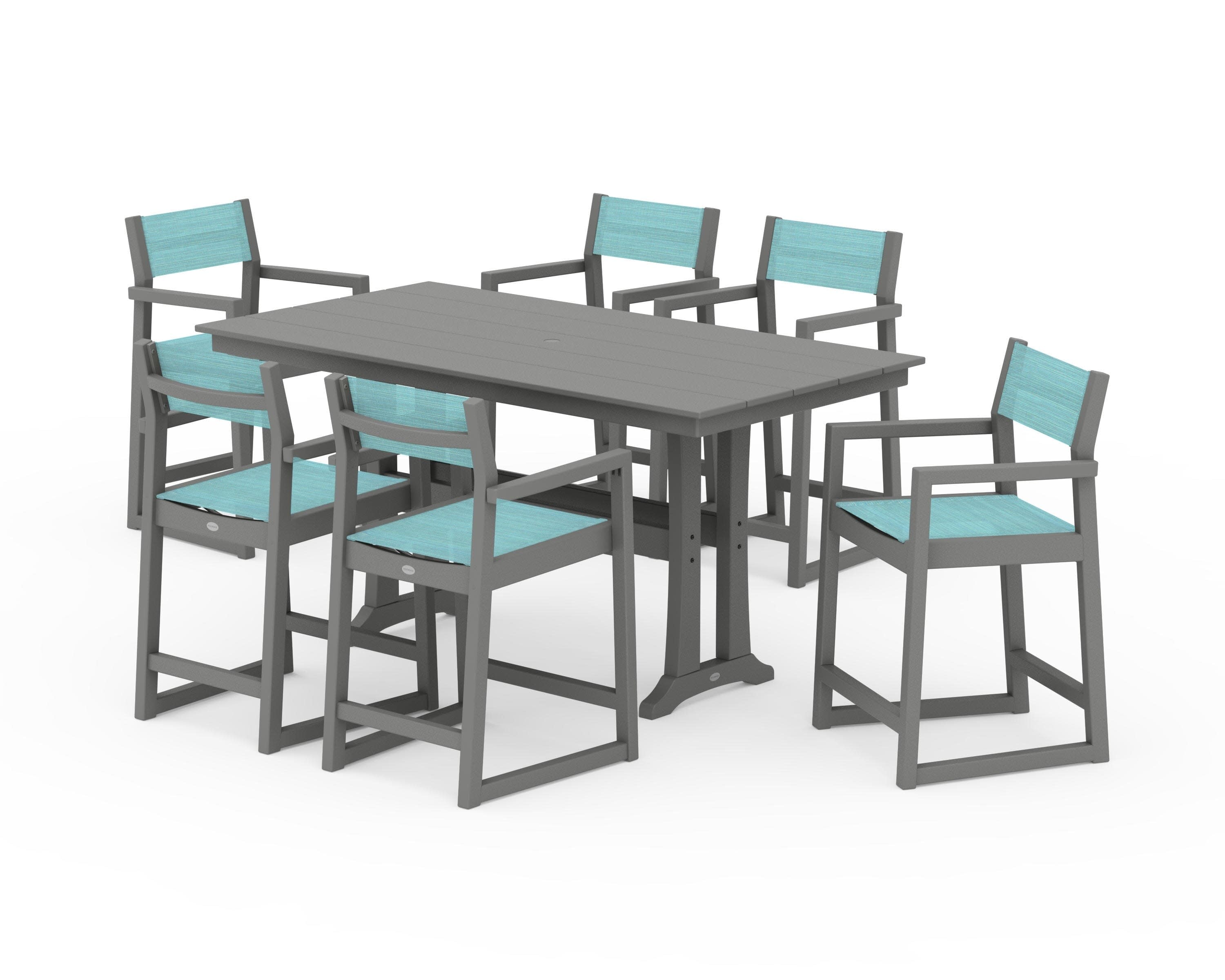EDGE Sling Arm Chair 7-Piece Farmhouse Counter Set with Trestle Legs in Slate Grey / Dupioni Aquamarine Sling