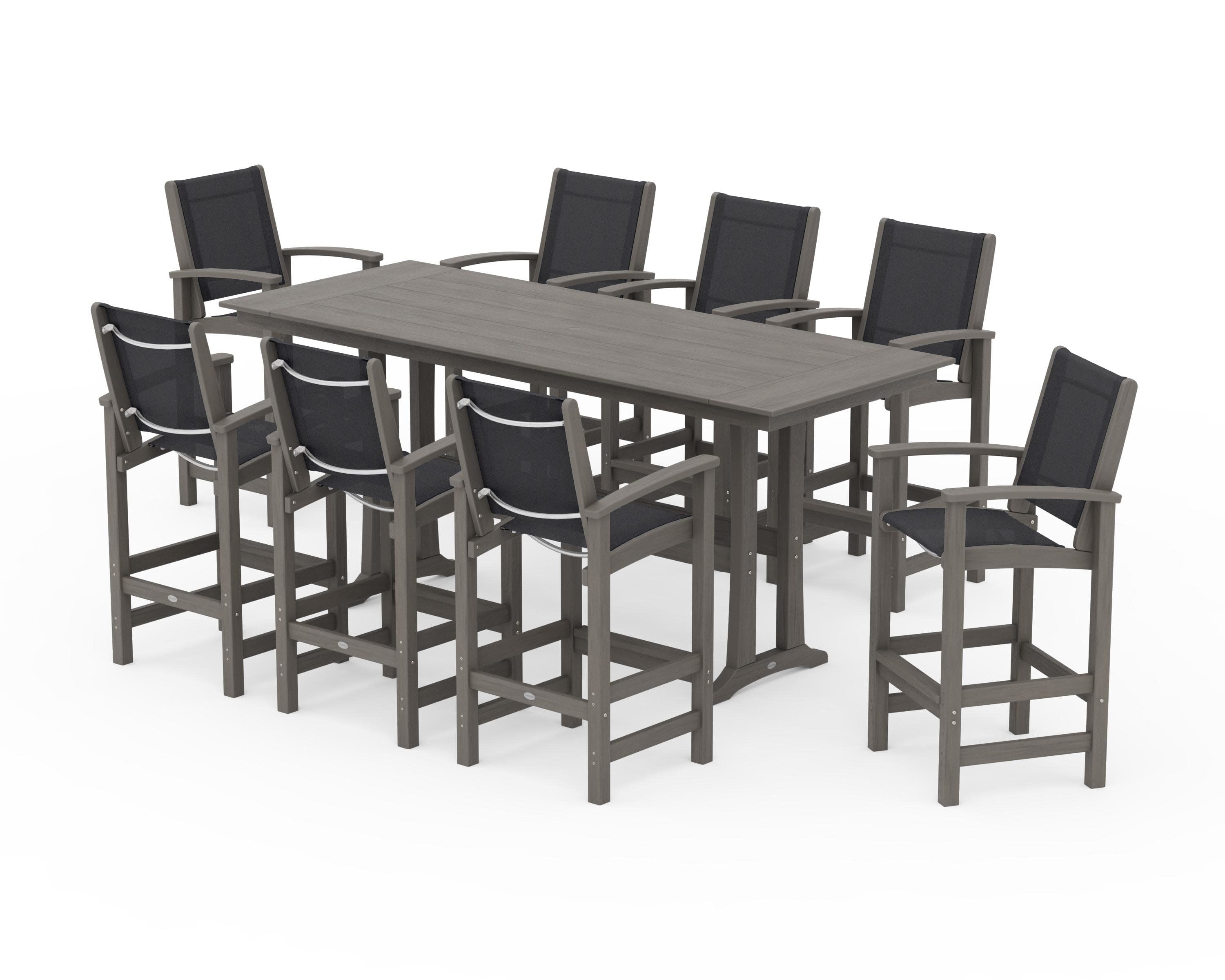 Coastal 9-Piece Farmhouse Bar Set with Trestle Legs in Driftwood / Black Sling