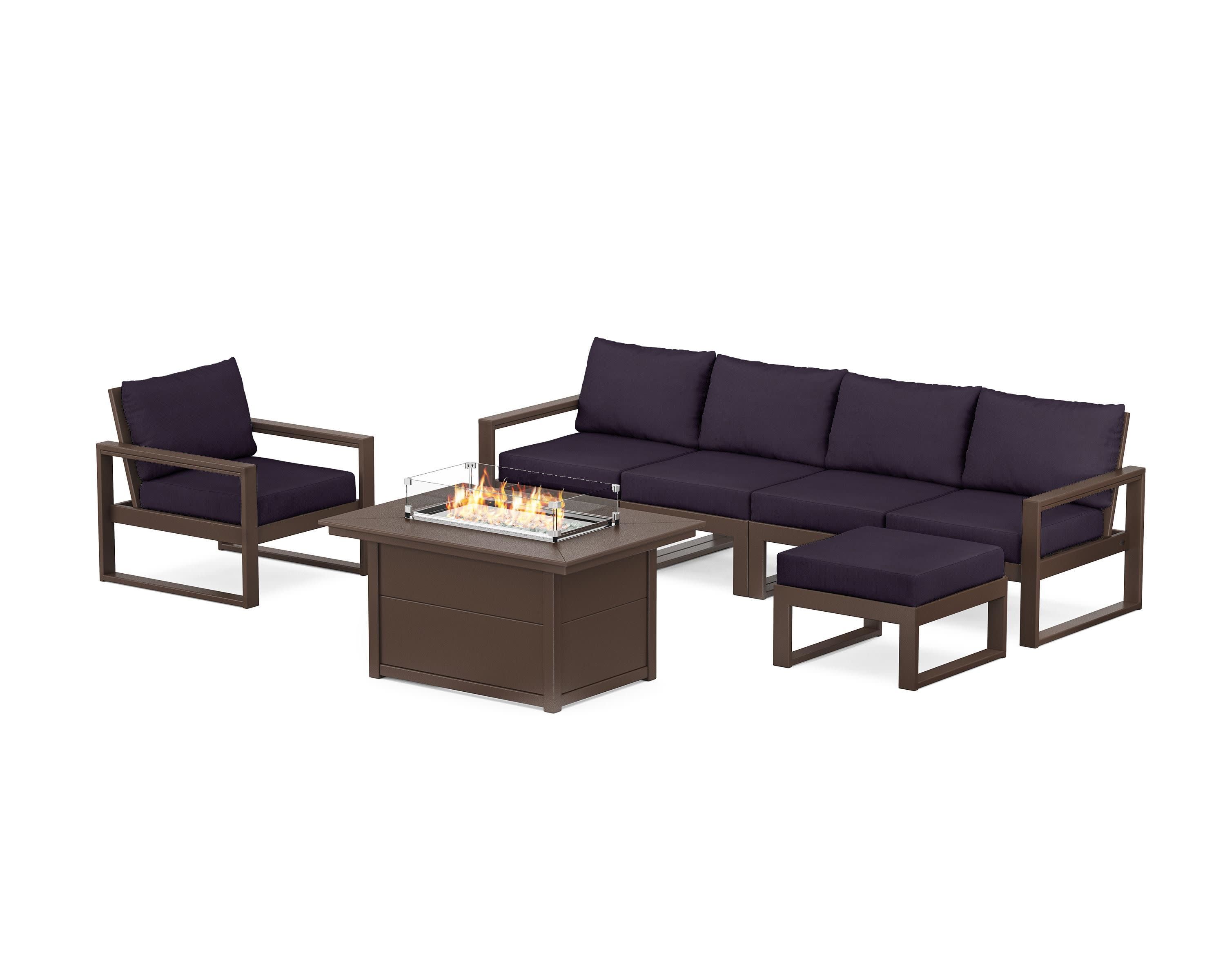 EDGE Sectional Lounge and Fire Pit Set in Mahogany / Navy Linen