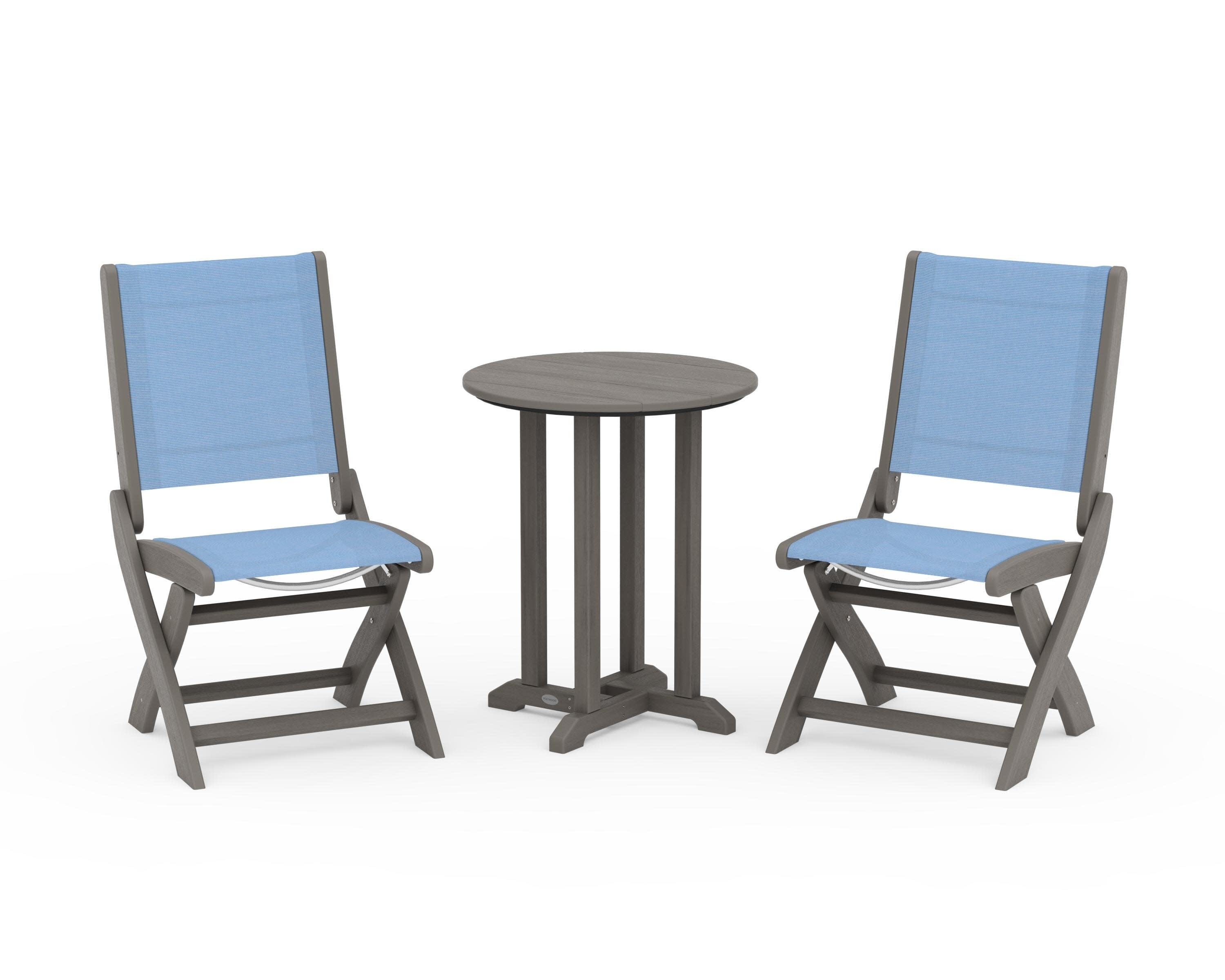 Coastal Folding Side Chair 3-Piece Round Bistro Dining Set in Driftwood / Poolside Sling