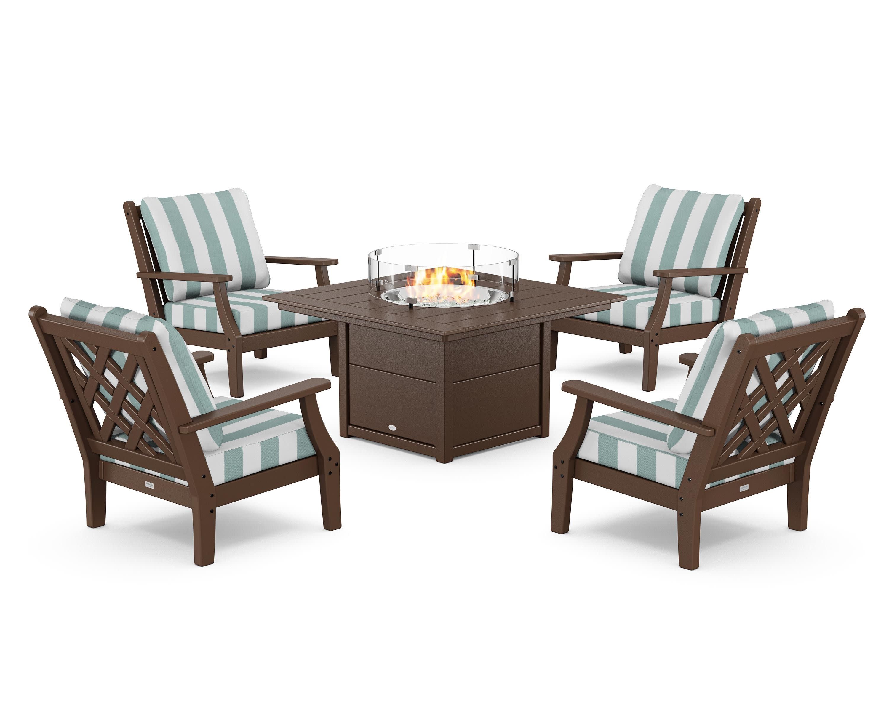 Wovendale 5-Piece Deep Seating Set with Fire Pit Table in Mahogany / Cabana Stripe Glacier Spa