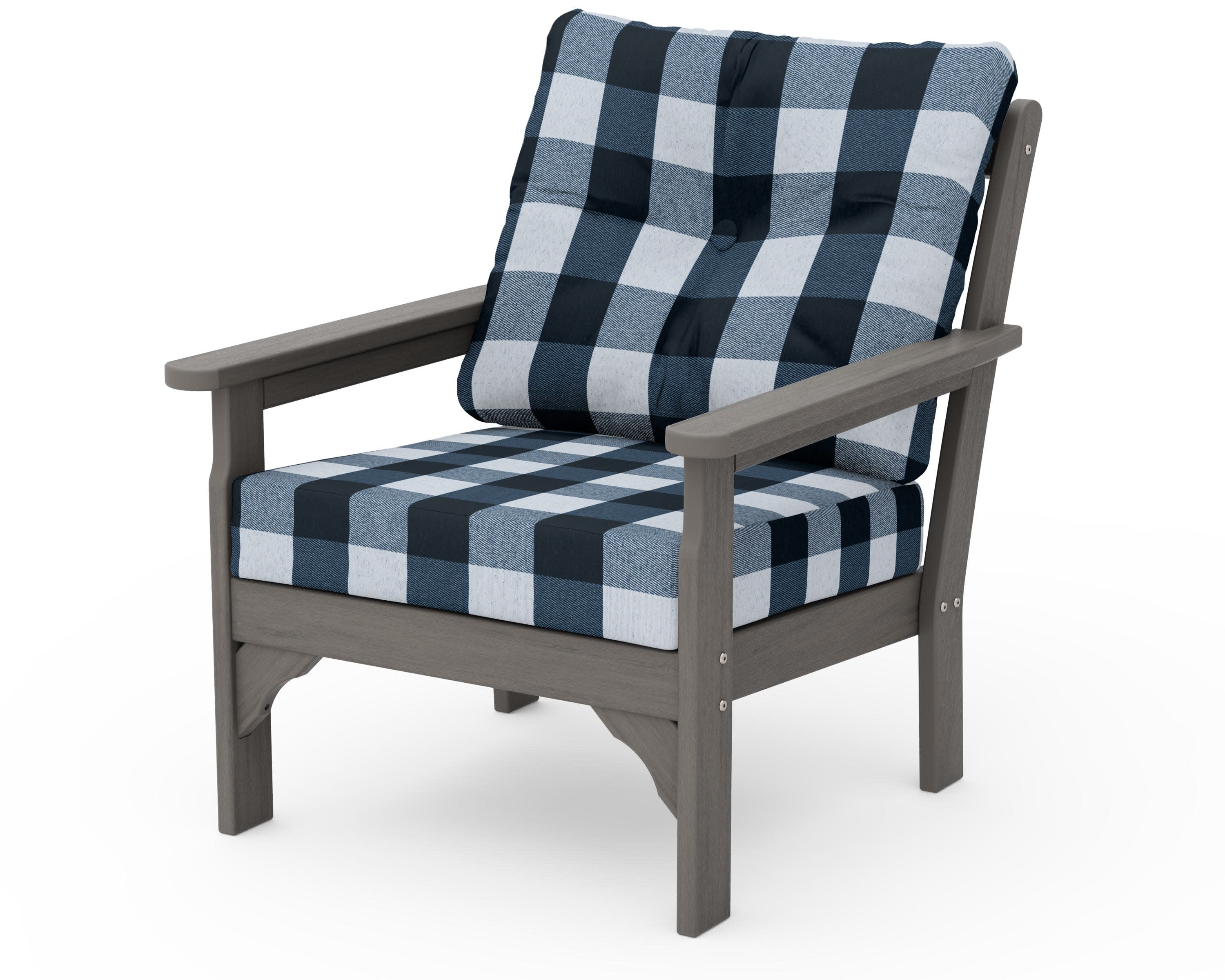 Vineyard Deep Seating Chair in Driftwood / Buffalo Plaid Marine Indigo