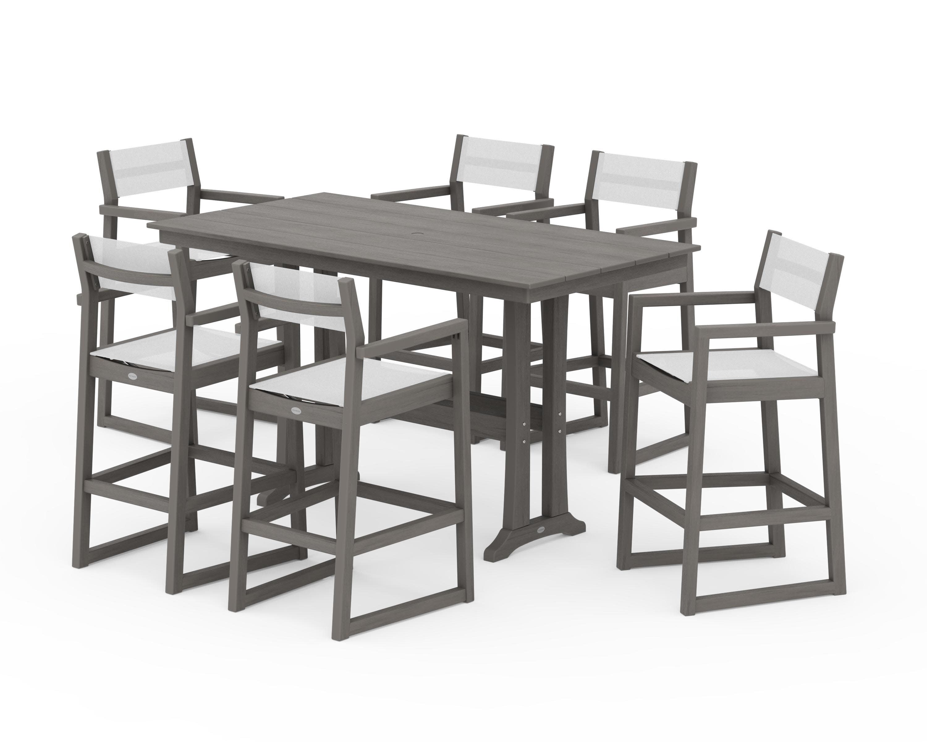 EDGE Sling Arm Chair 7-Piece Farmhouse Bar Set with Trestle Legs in Driftwood / White Sling