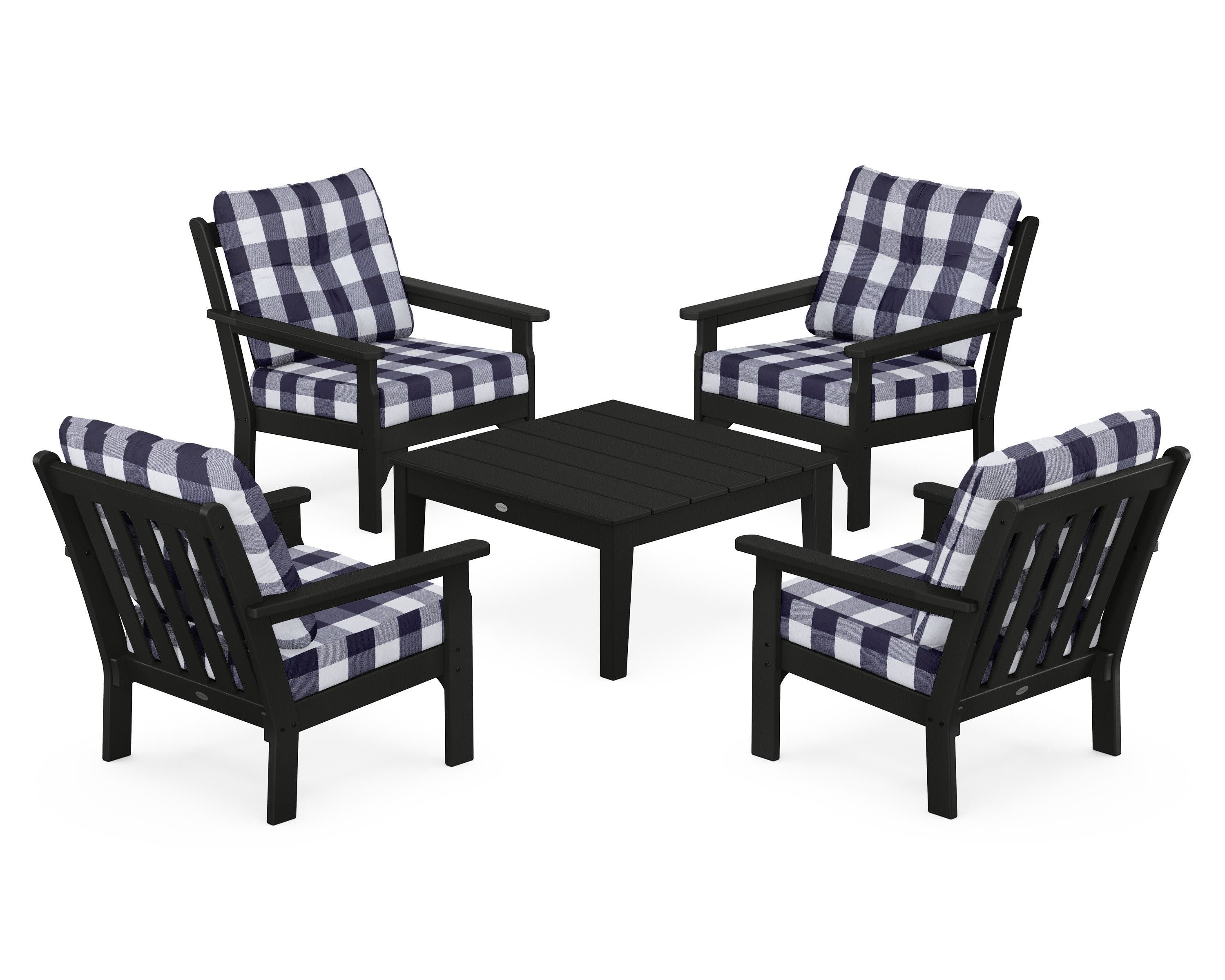 Vineyard 5-Piece Deep Seating Conversation Set in Black / Buffalo Plaid Navy