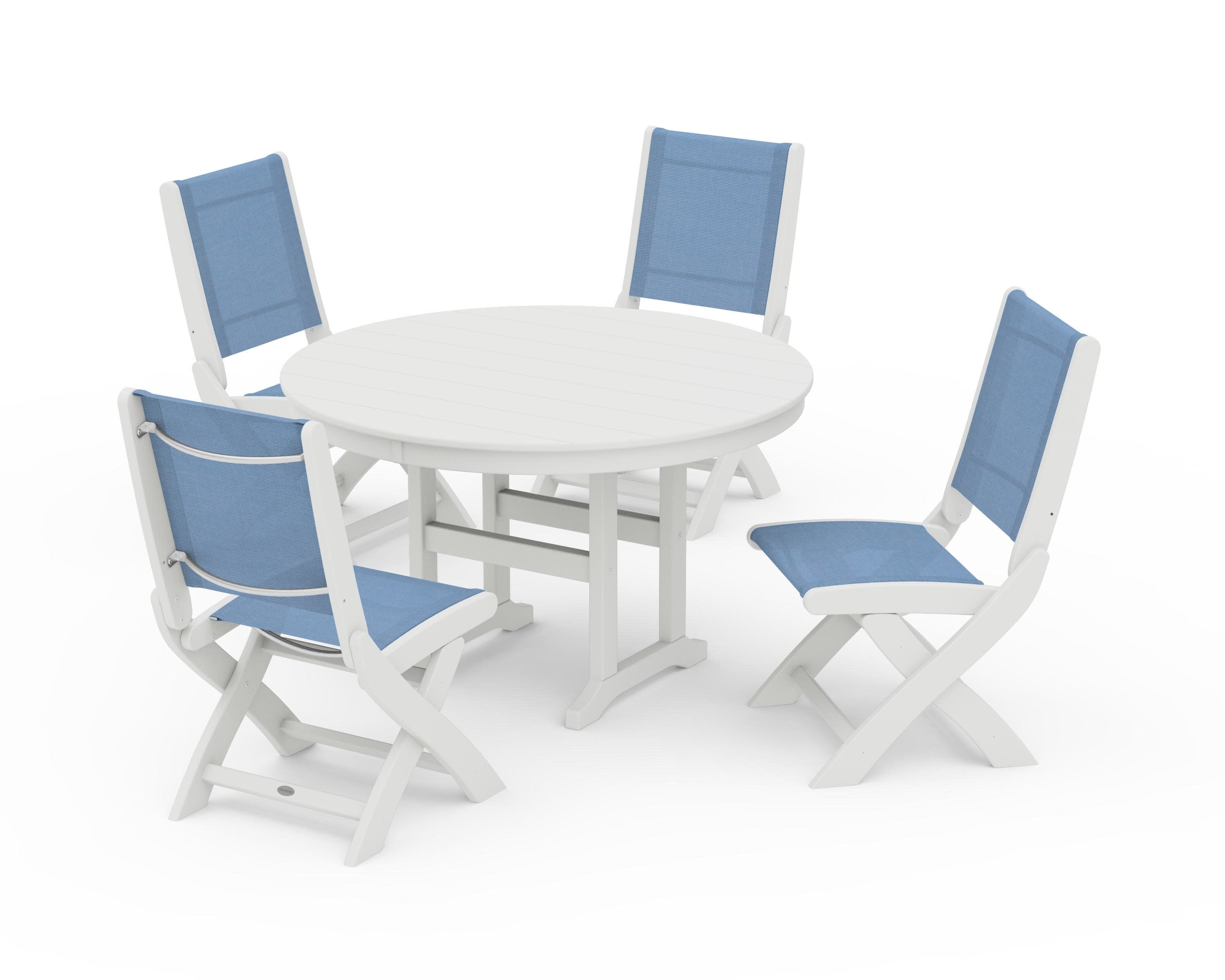 Coastal Folding Side Chair 5-Piece Round Dining Set in Vintage White / Poolside Sling