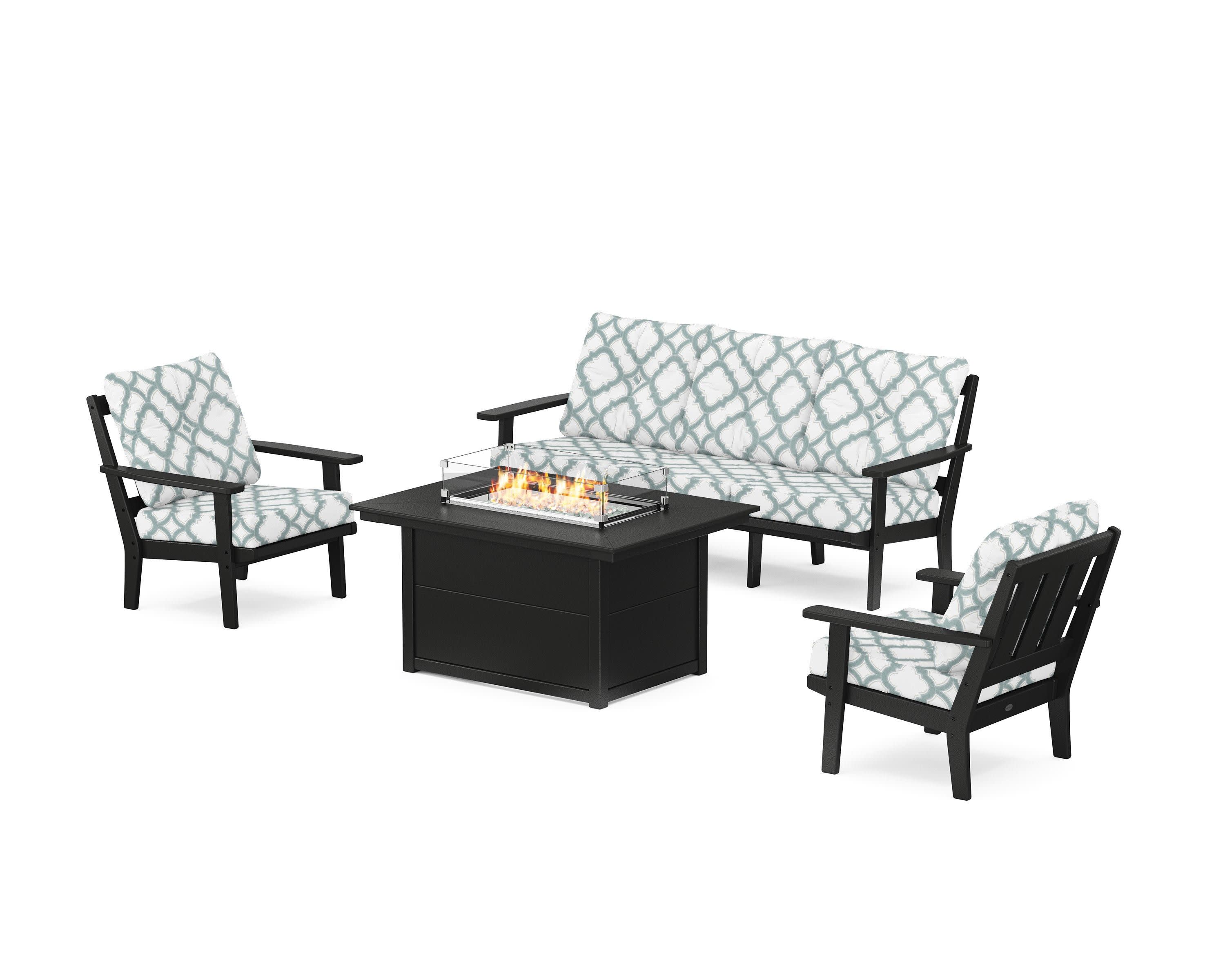 Oxford Deep Seating Fire Pit Table Set in Black / Trellis Glacier Spa