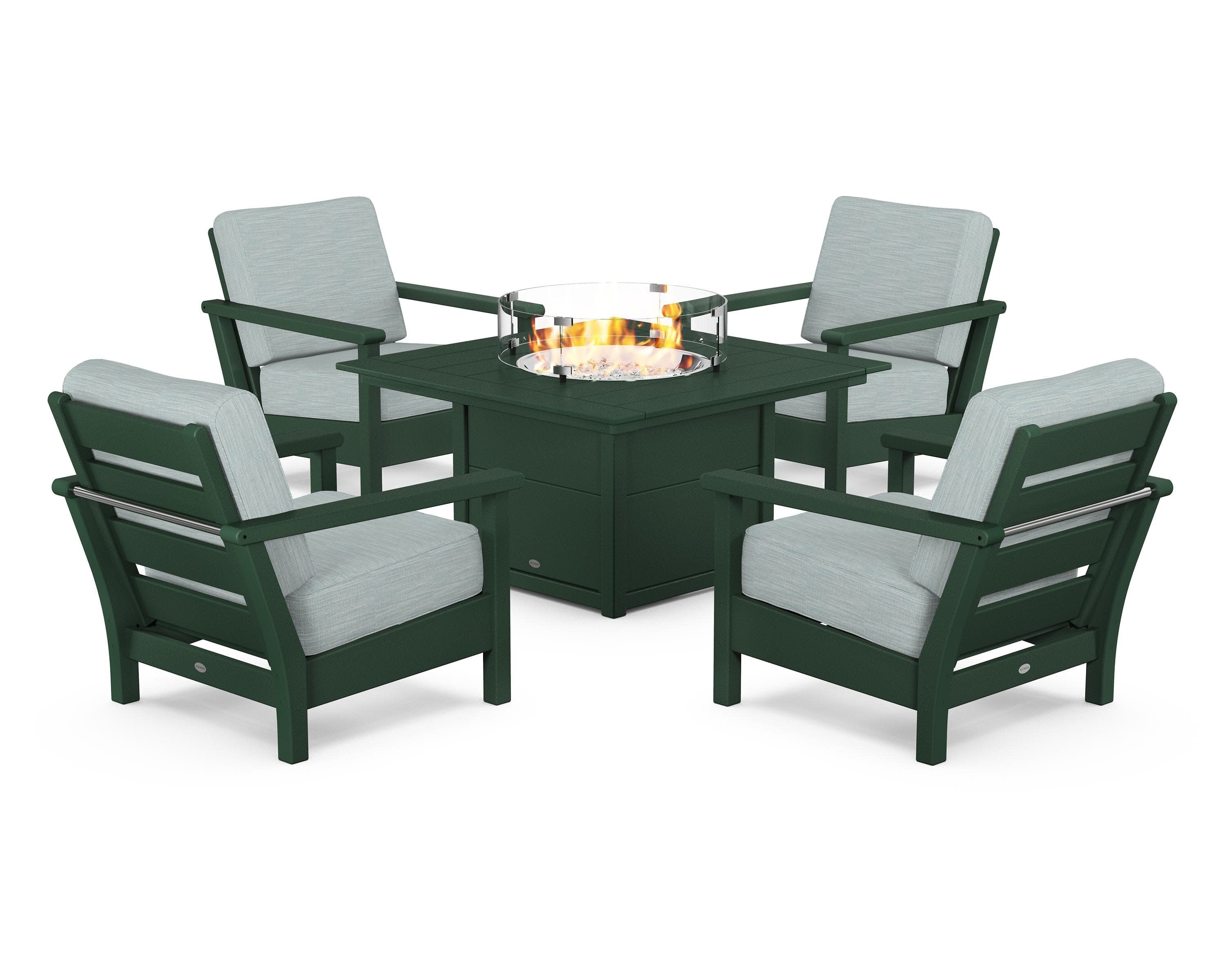 Harbour 5-Piece Conversation Set with Fire Pit Table in Green / Soothe Mist