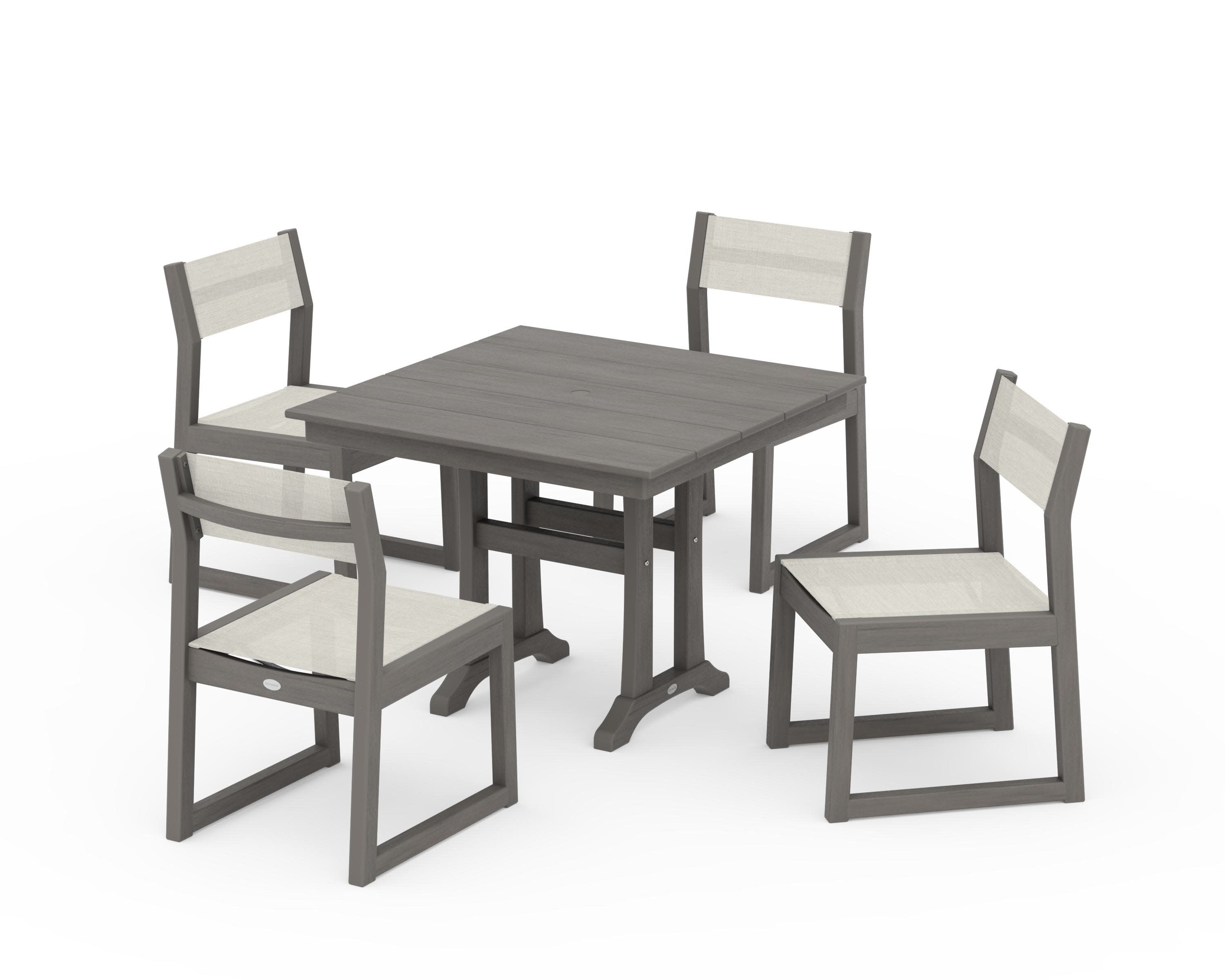 EDGE Sling 5-Piece Farmhouse Trestle Side Chair Dining Set in Driftwood / Parchment Sling