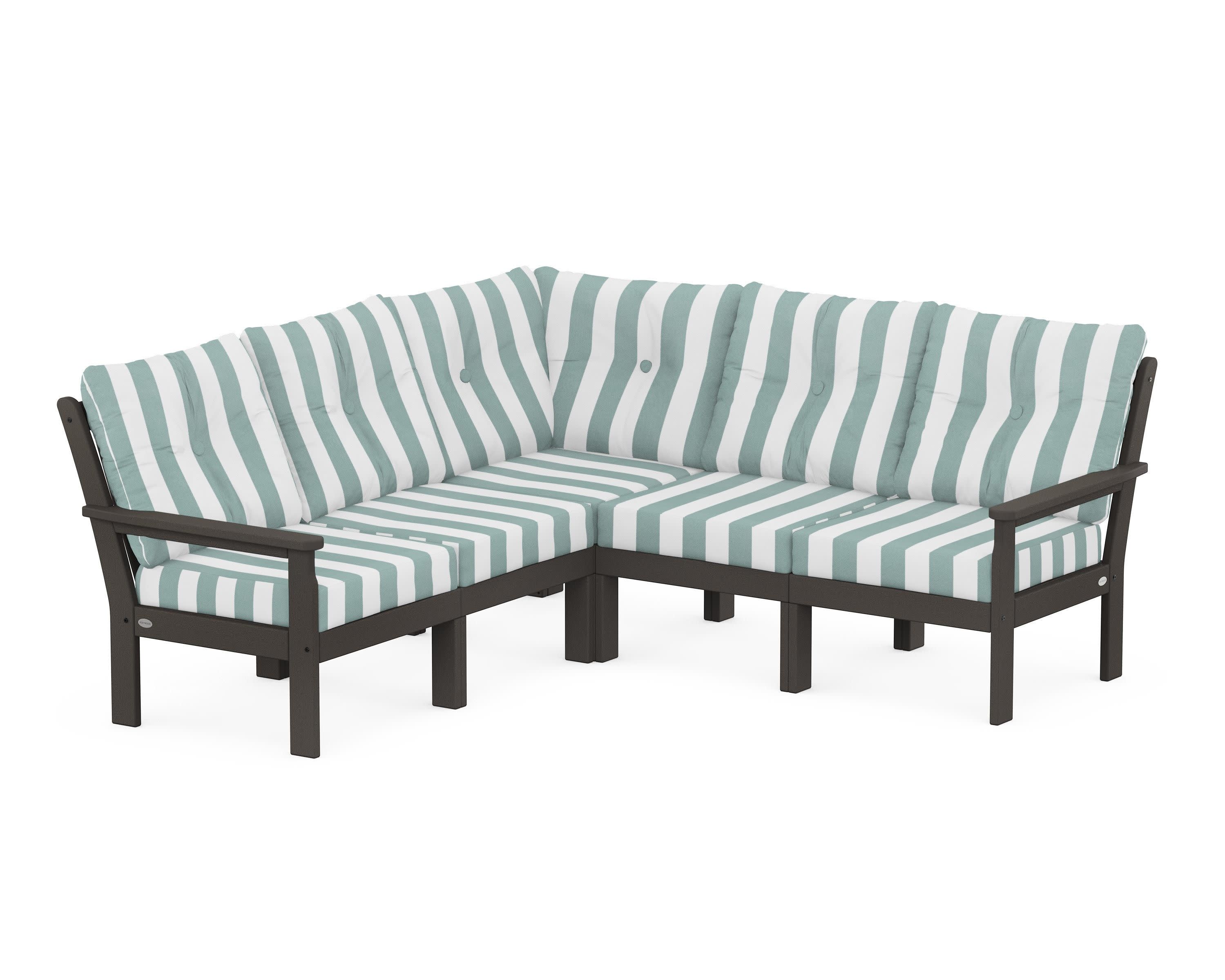 Vineyard 5-Piece Sectional in Vintage Coffee / Cabana Stripe Glacier Spa