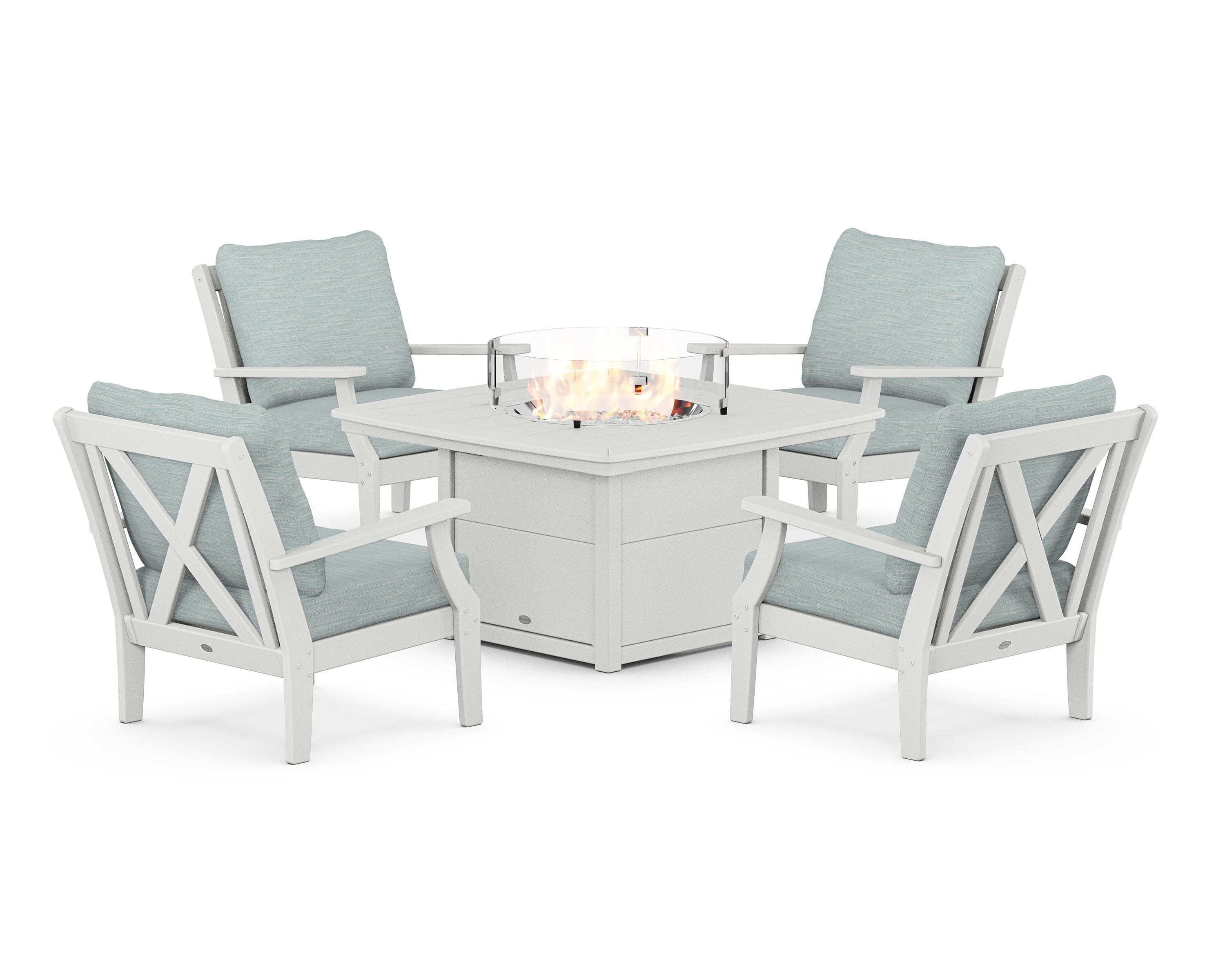 Braxton 5-Piece Deep Seating Conversation Set with Fire Pit Table in White / Soothe Mist