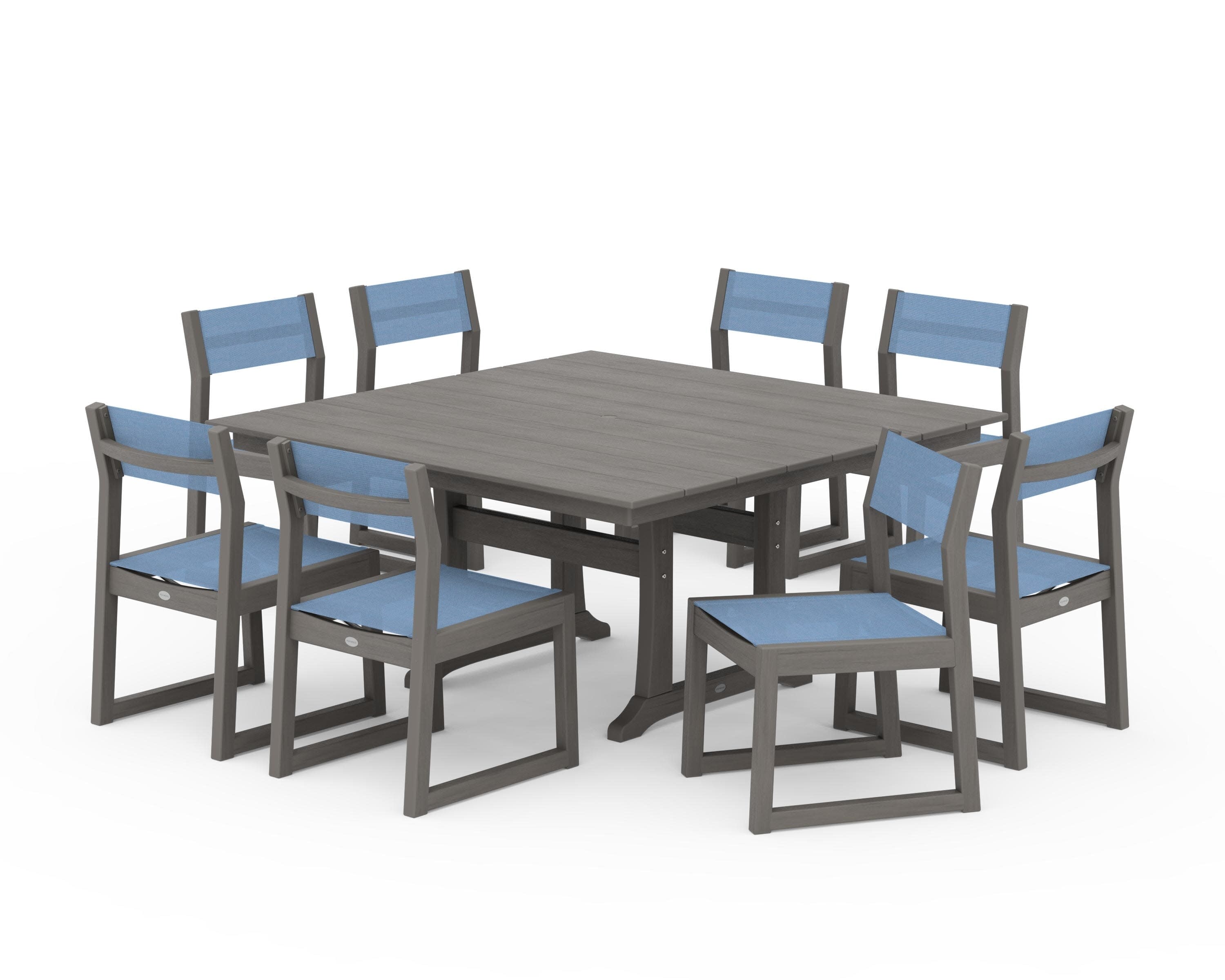 EDGE Sling Side Chair 9-Piece Farmhouse Trestle Dining Set in Driftwood / Poolside Sling