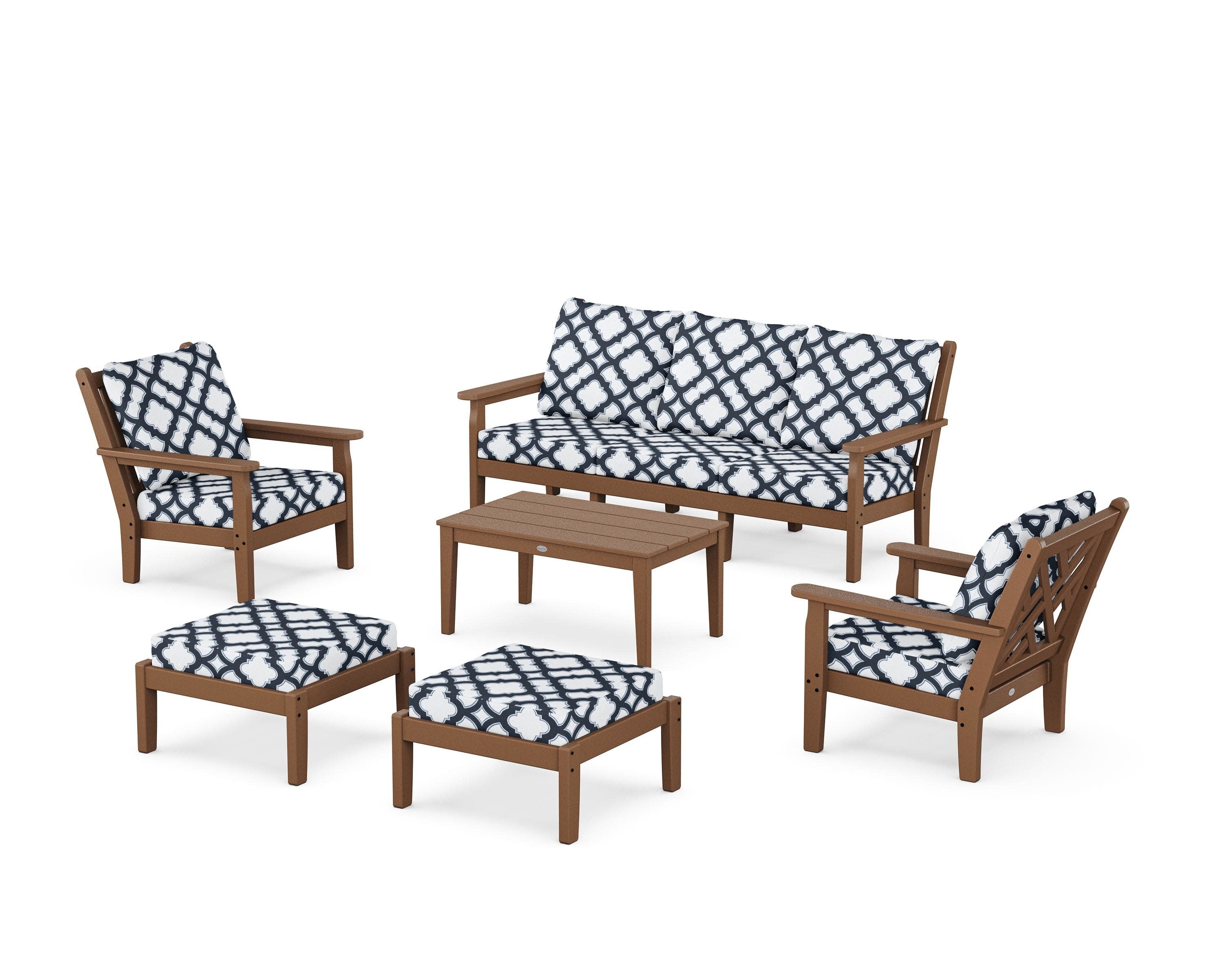 Chippendale 6-Piece Lounge Sofa Set in Teak / Trellis Marine Indigo
