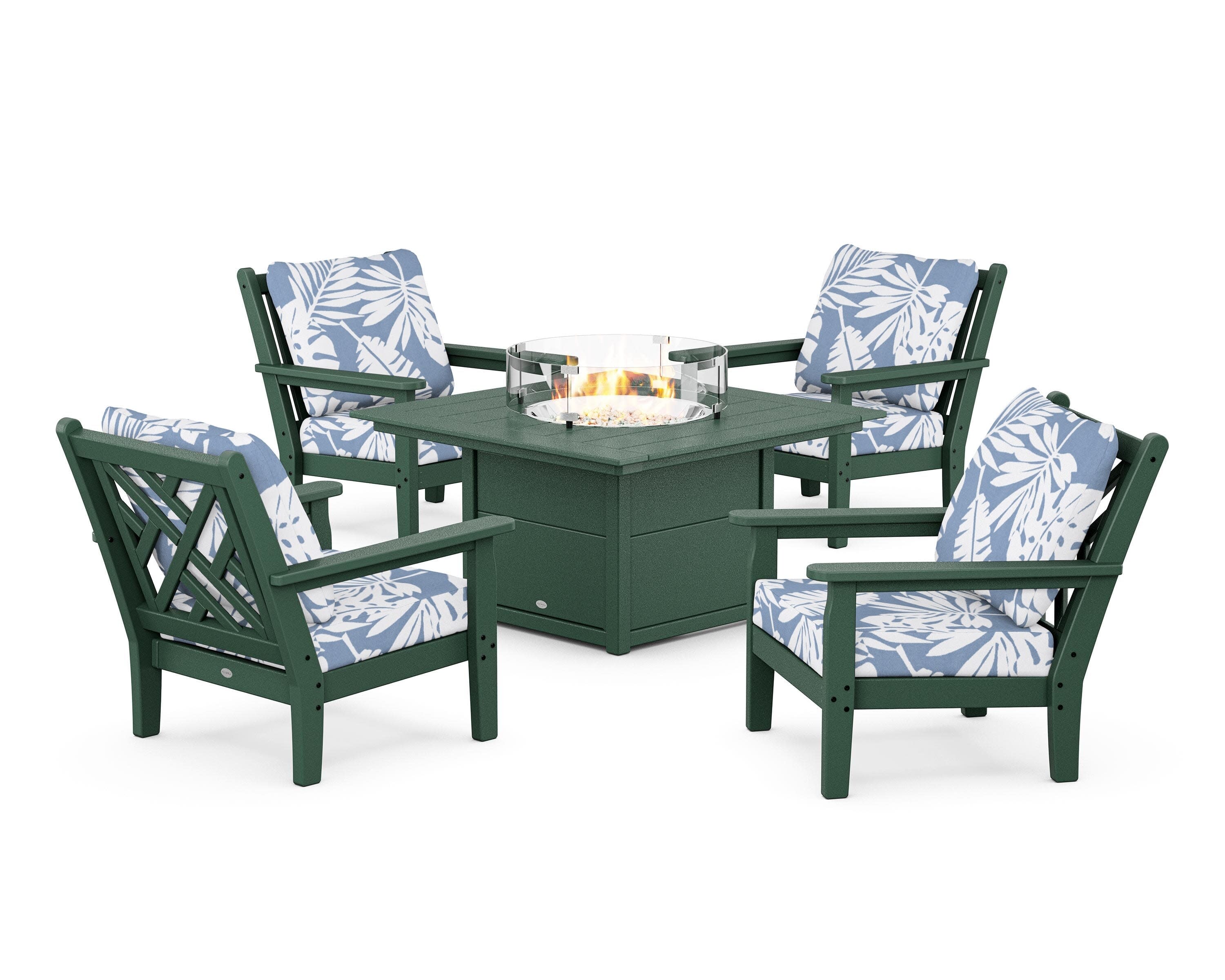 Chippendale 5-Piece Deep Seating Set with Fire Pit Table in Green / Leaf Sky Blue