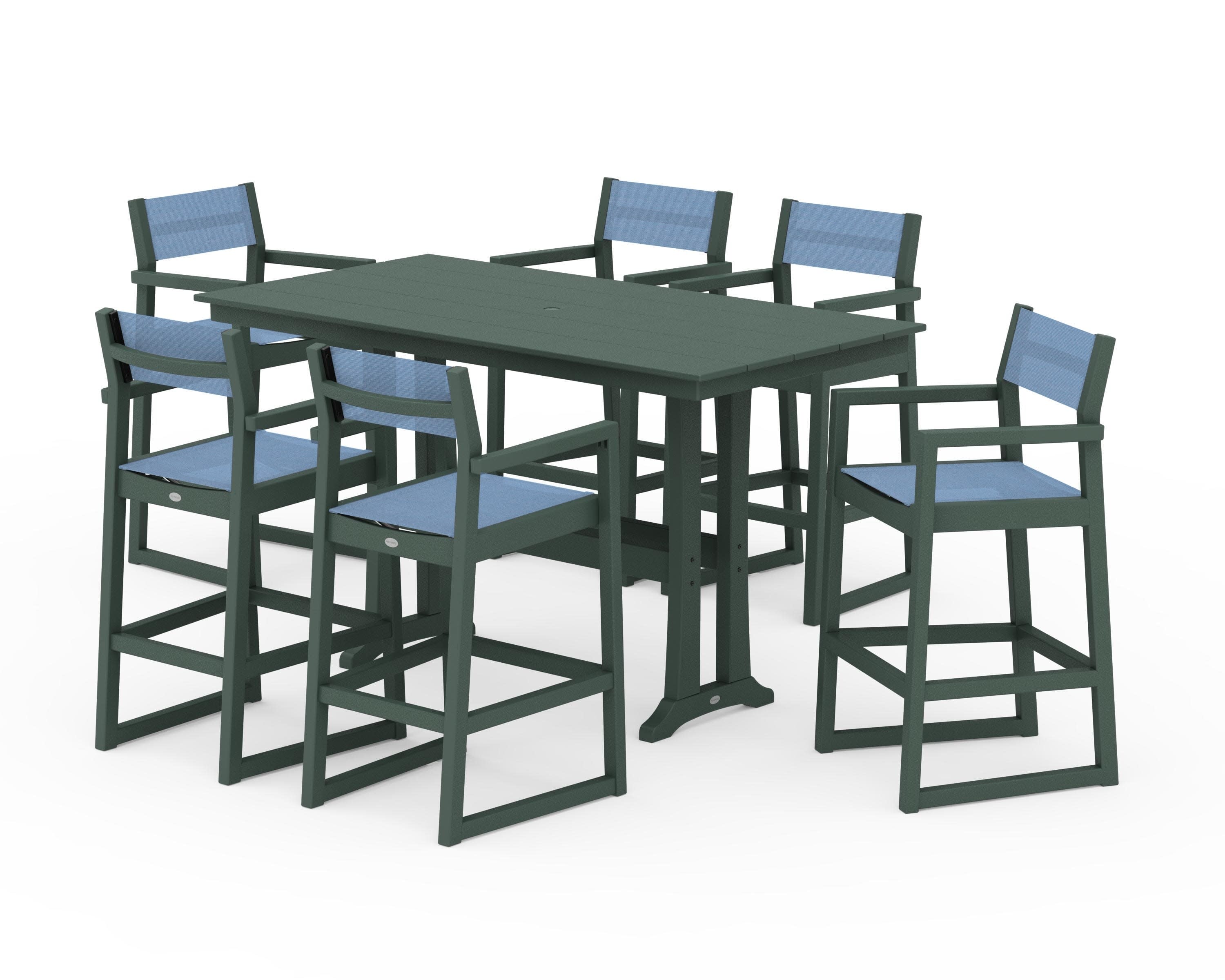 EDGE Sling Arm Chair 7-Piece Farmhouse Bar Set with Trestle Legs in Green / Poolside Sling