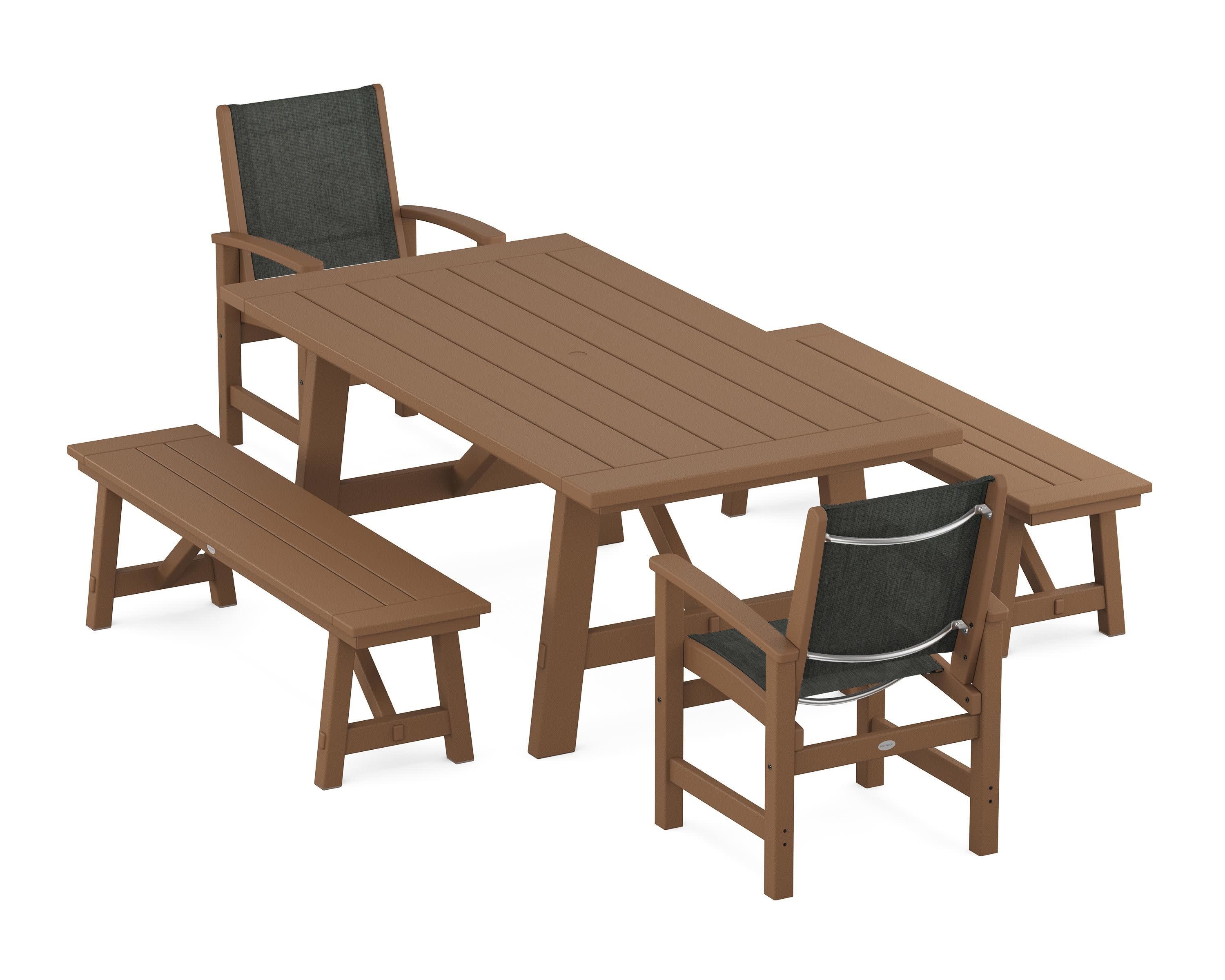 Coastal 5-Piece Rustic Farmhouse Dining Set With Benches in Teak / Ember Sling